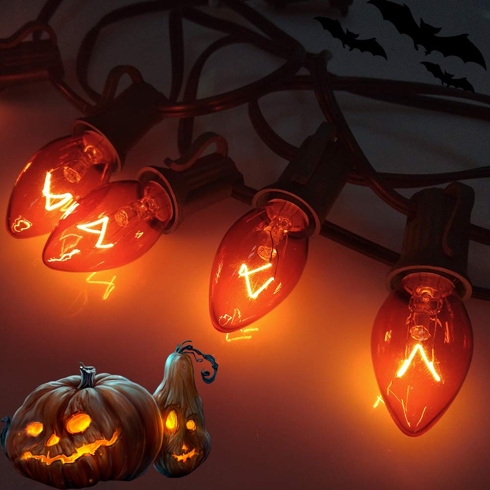 Romasaty C7 Orange Halloween Replacement Bulbs, 25 Count, Glass, C7/E12 Base, 5 Watt