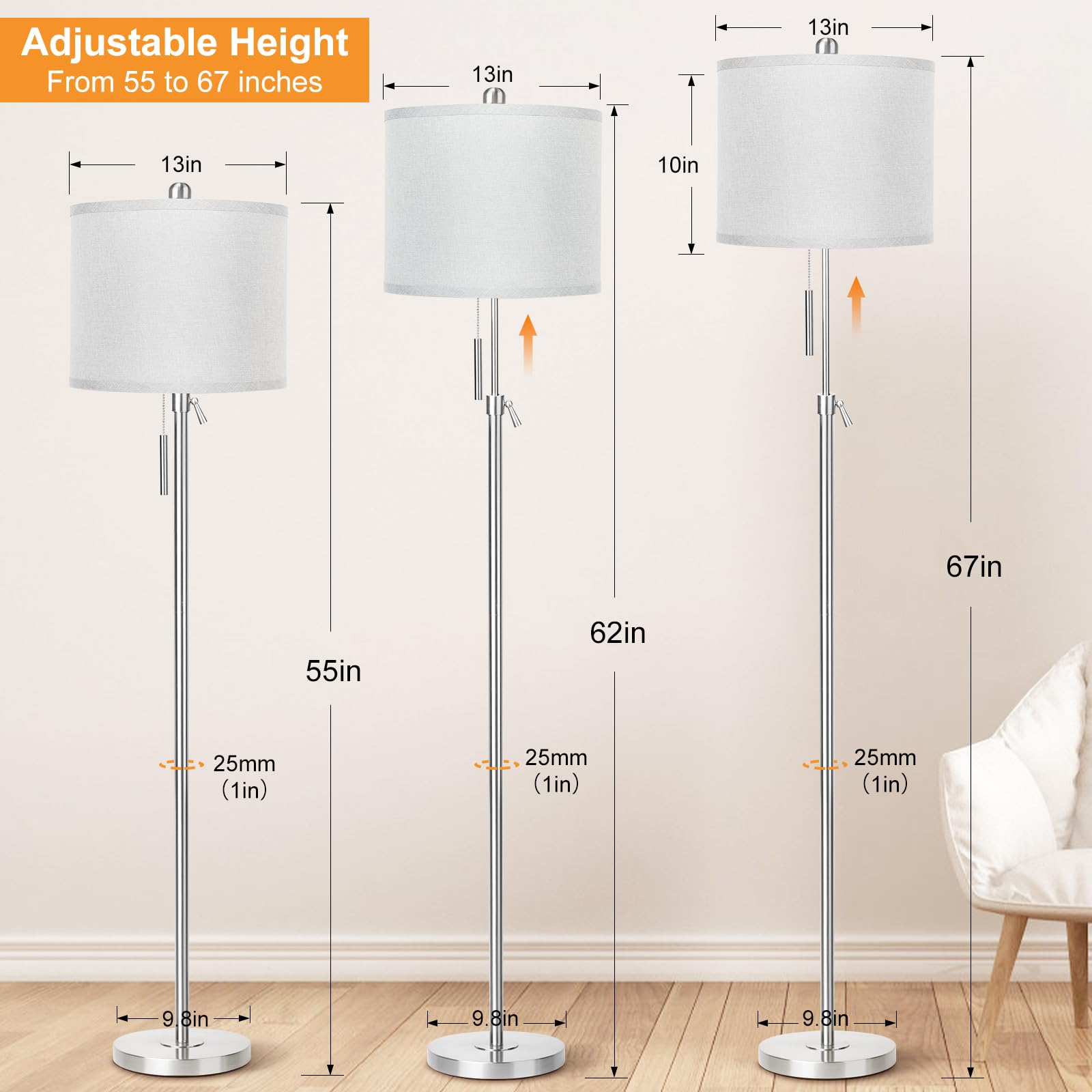 Brushed Nickel Floor Lamp For Living Room, Adjustable Height Standing Lamp With Metal Base, Tall Pole Light With Grey Shade For