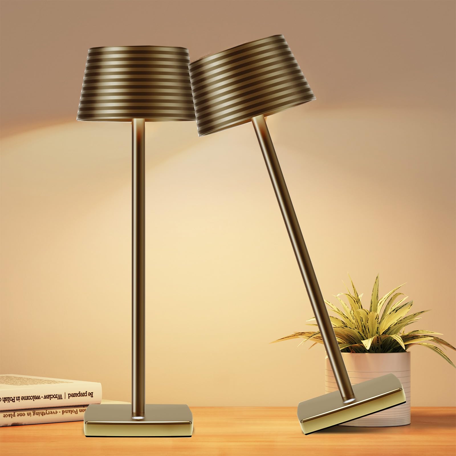 YIBEN Cordless Table Lamps 6000mAh LED Portable Lights IP54 Waterproof 3 Colors Dimming Small 2pack Titanium Model S816