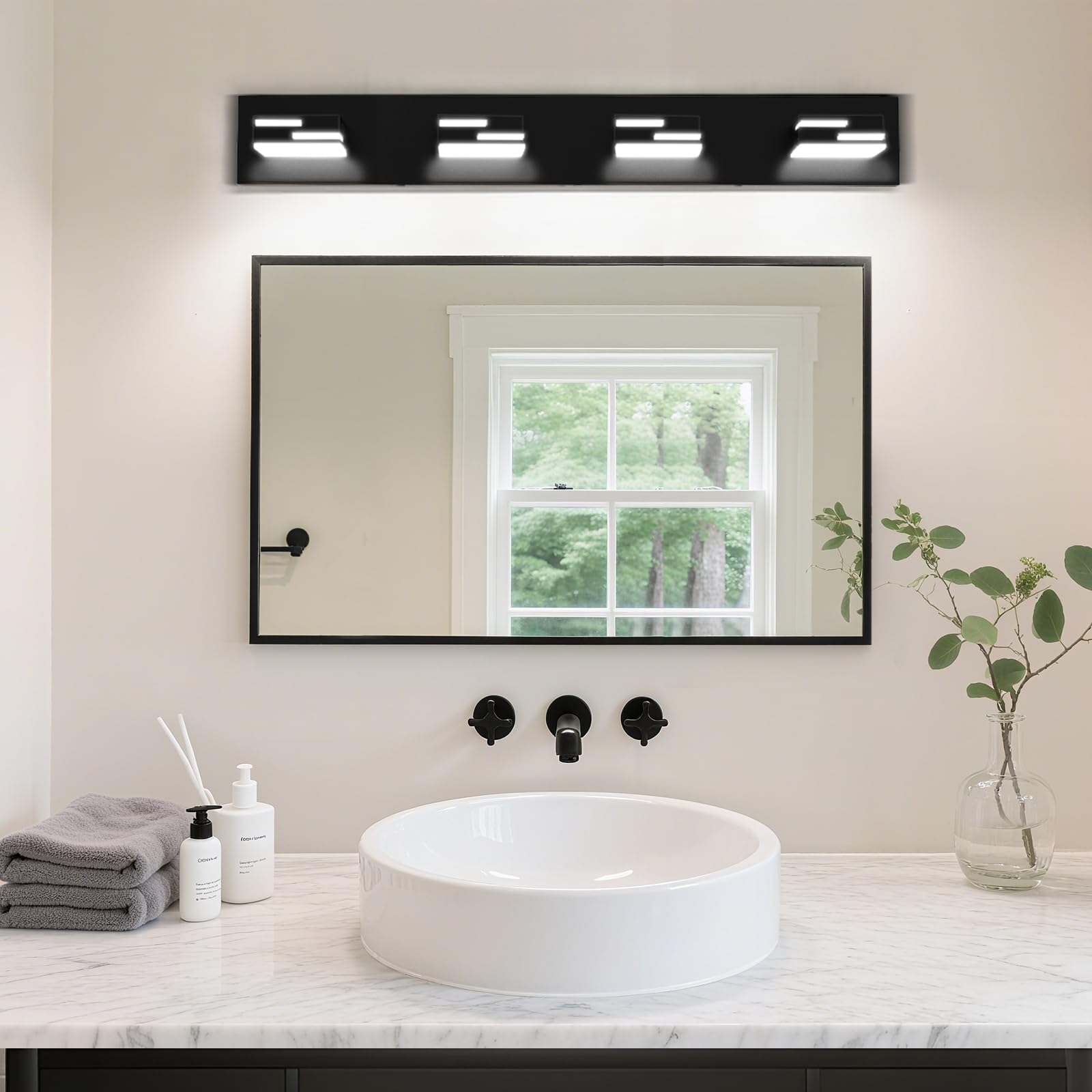 Lkhf Led Modern Bathroom Vanity Light Fixtures 4-Light 28-Inch Dimmable Matte Black Vanity Lights For Bathroom Lighting Fixtures Over Mirror  With 350?Rotatable Acrylic Heads (Cool White 6000K)