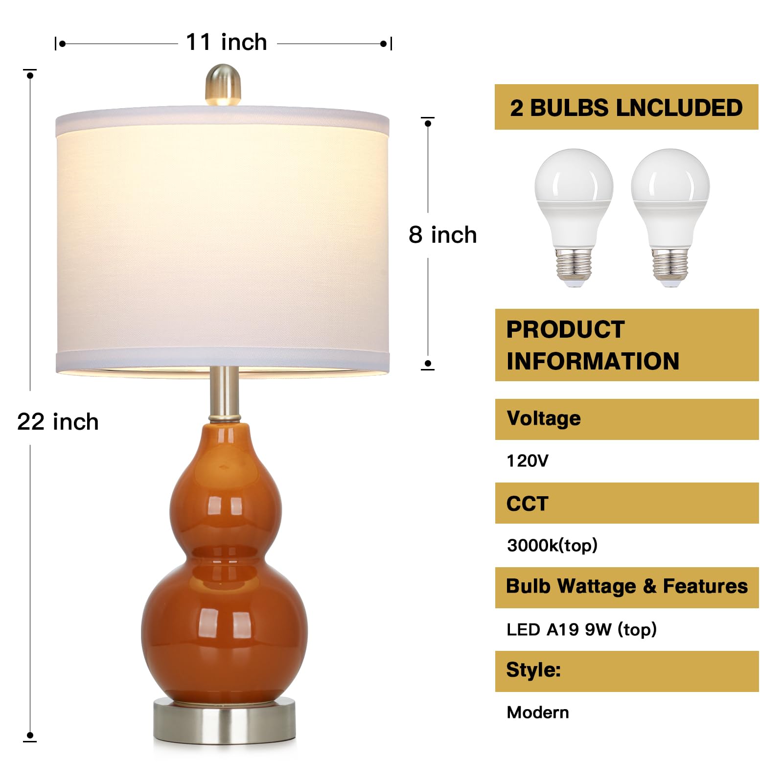 Rinweey Double Gourd Ceramic Table Lamps Set of 2, Large Red Nightstand Lamps, Bulb Included