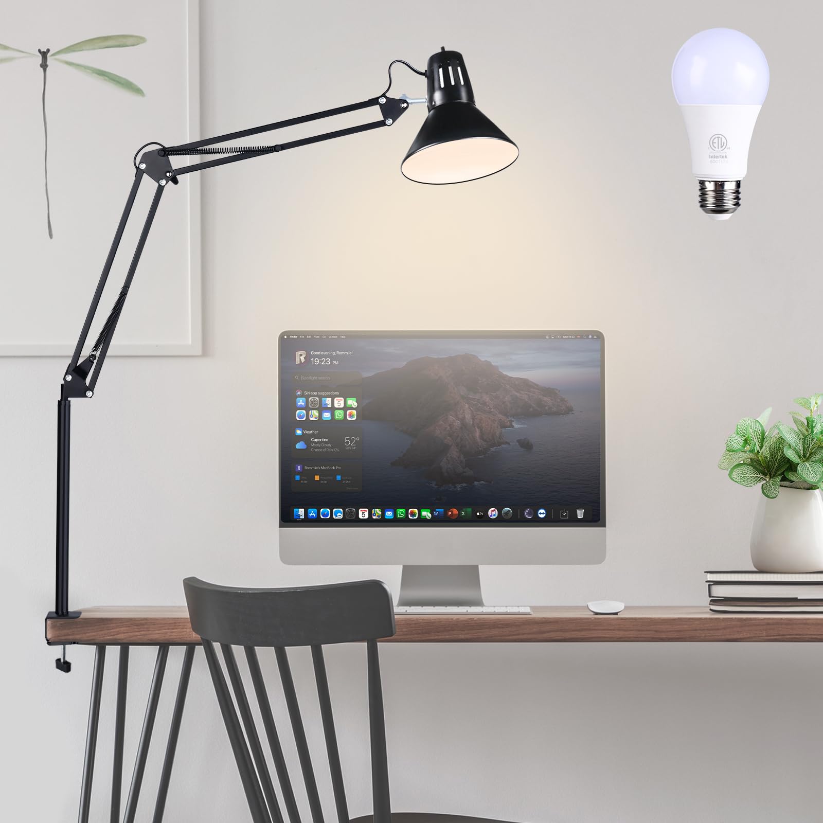 juttilax Swing Arm Desk Lamp for Home Office 360Adjustable Tall Metal Clamp on lamp with Bulb Eye-Caring Clip on Desk Light for Computer Work Study Reading and Drafting
