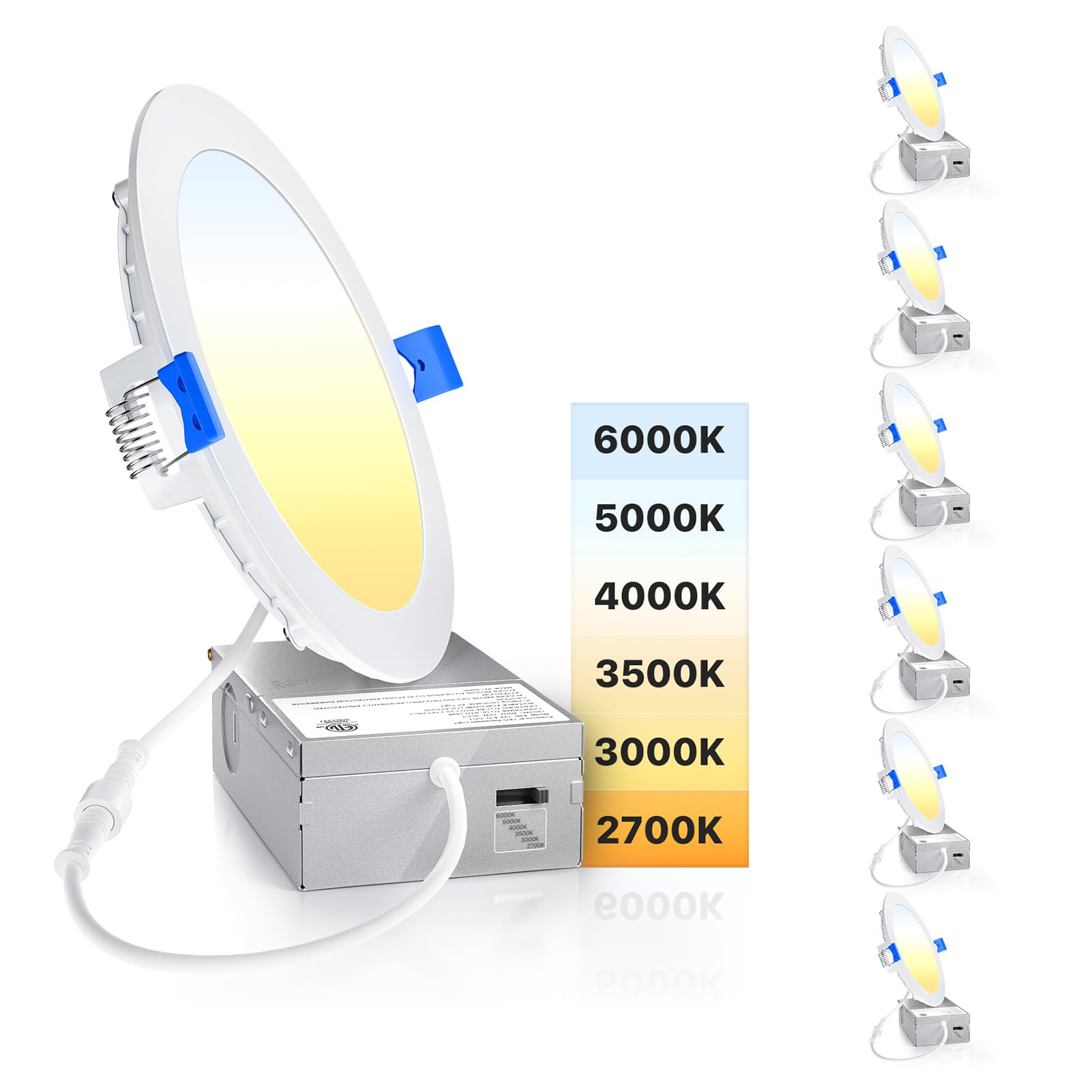 Ensenior 6 Pack 6 Inch Ultra-Thin LED Recessed Light with Junction Box, 2700K-6000K Selectable, 12W 110W Eqv, Dimmable, 1050LM H