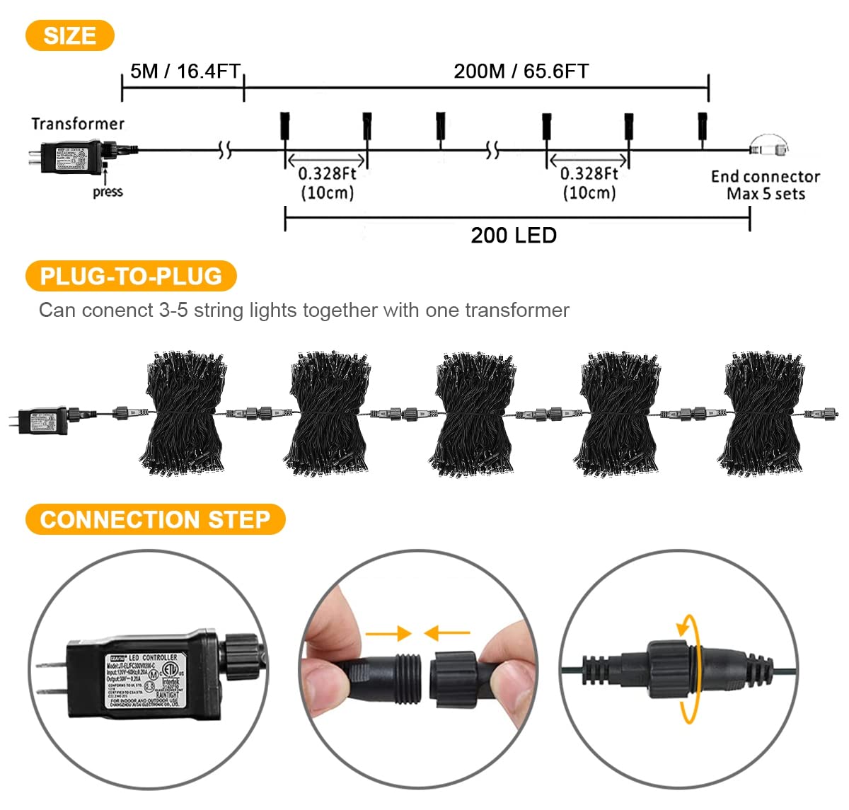 weillsnow Halloween String Lights, 200 LED 66FT Waterproof, 8 Modes, Orange & Purple, Model HB-500COI