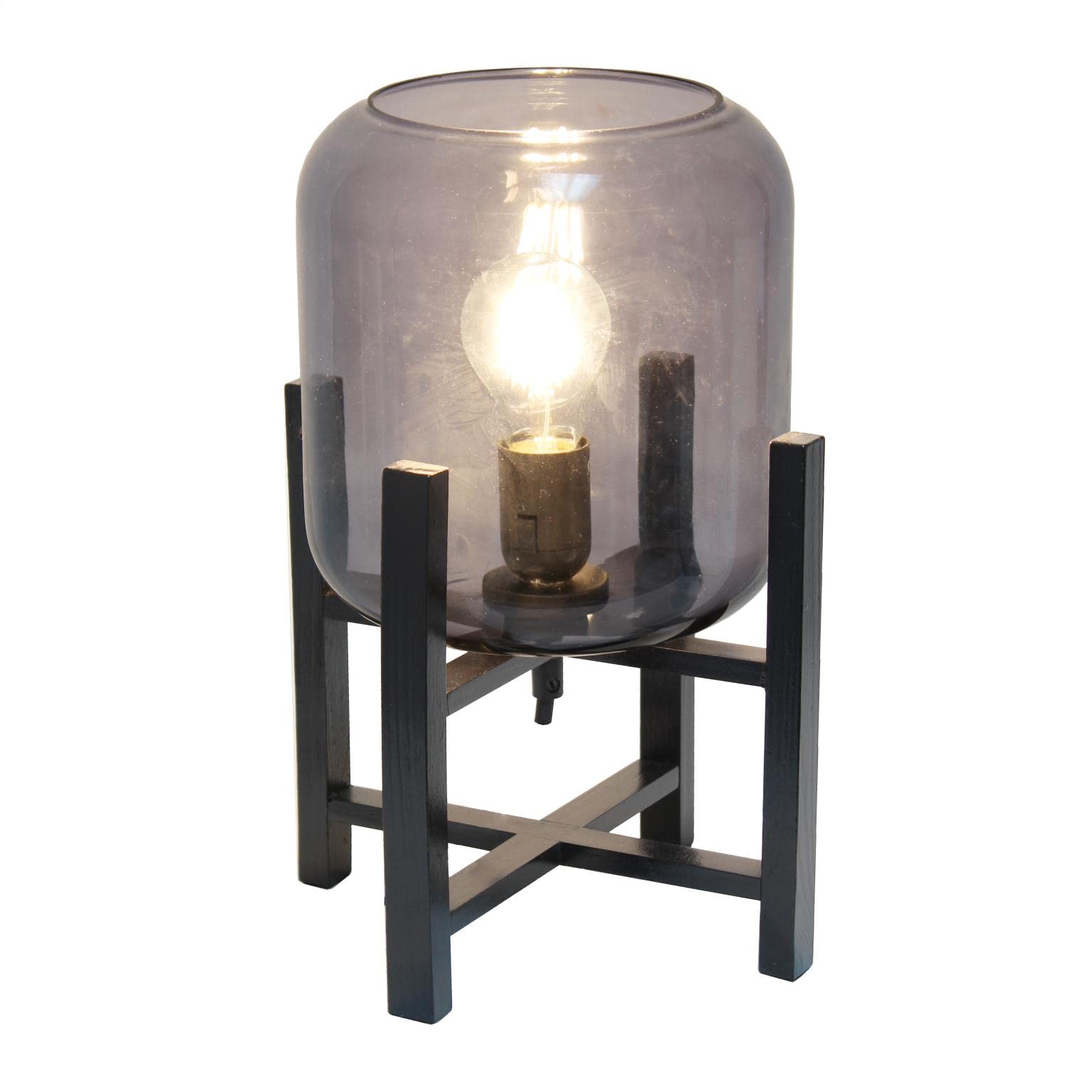Simple Designs Lt1068-Smk Wood Mounted Glass Cylinder Shade Table Lamp, Black/Smoke