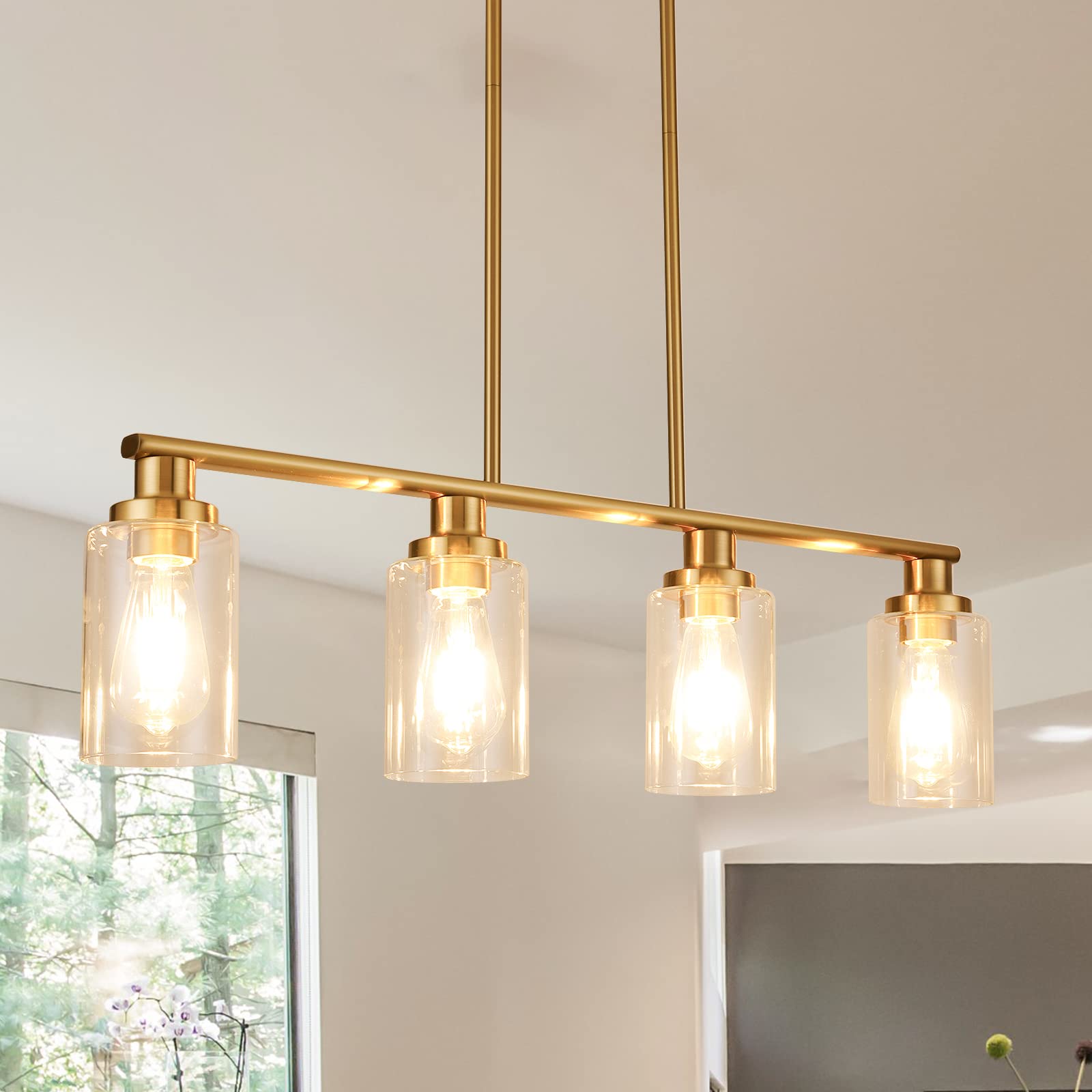 Kpiok Kitchen Island Lighting, 4-Light Dining Room Light Fixtures Over Table, Gold Linear Chandelier For Dining Room Hanging,Pendant Lights Kitchen Island,With Clear Glass Shade,Height Adjustable