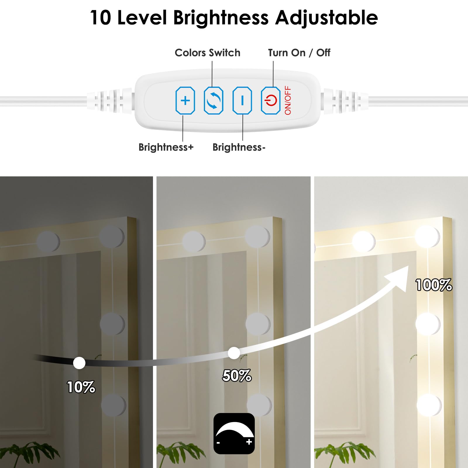 14 Bulbs Led Vanity Lights For Mirror, 3000K 4500K 8000K & 10 Level Brightness Adjustable Dimmable Mirror Lights Stick On With 23Ft Length Power Adapter, Hollywood Makeup Lights For Full Length Mirror