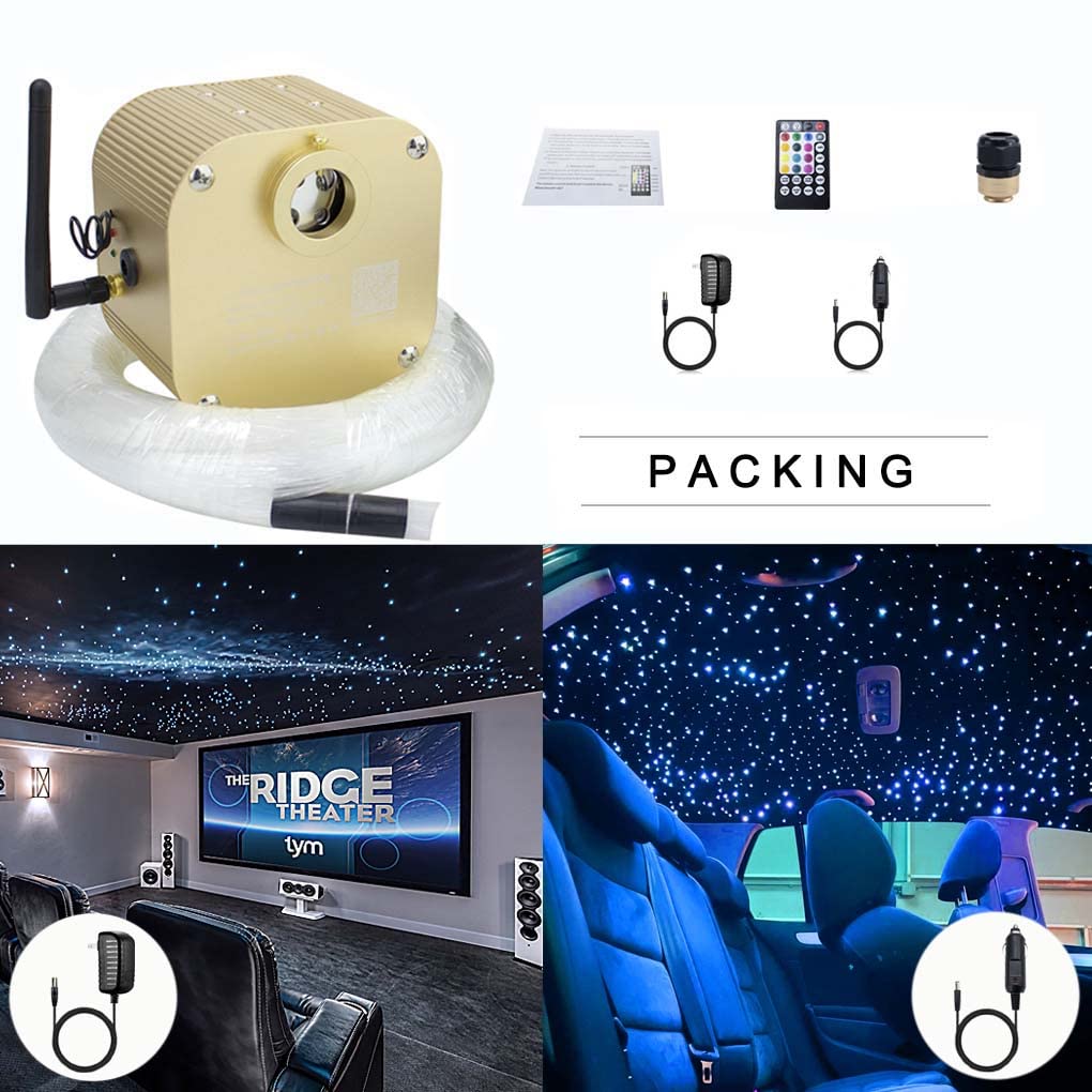 Azimom Bluetooth16W Twinkle Fiber Optic Lights Star Ceiling Lighting Kits Mixed 335Pcs 13.1Ft Fiber Strands End Glow Rgbw Music Mode Light Source Car Use Headliner Home Decor