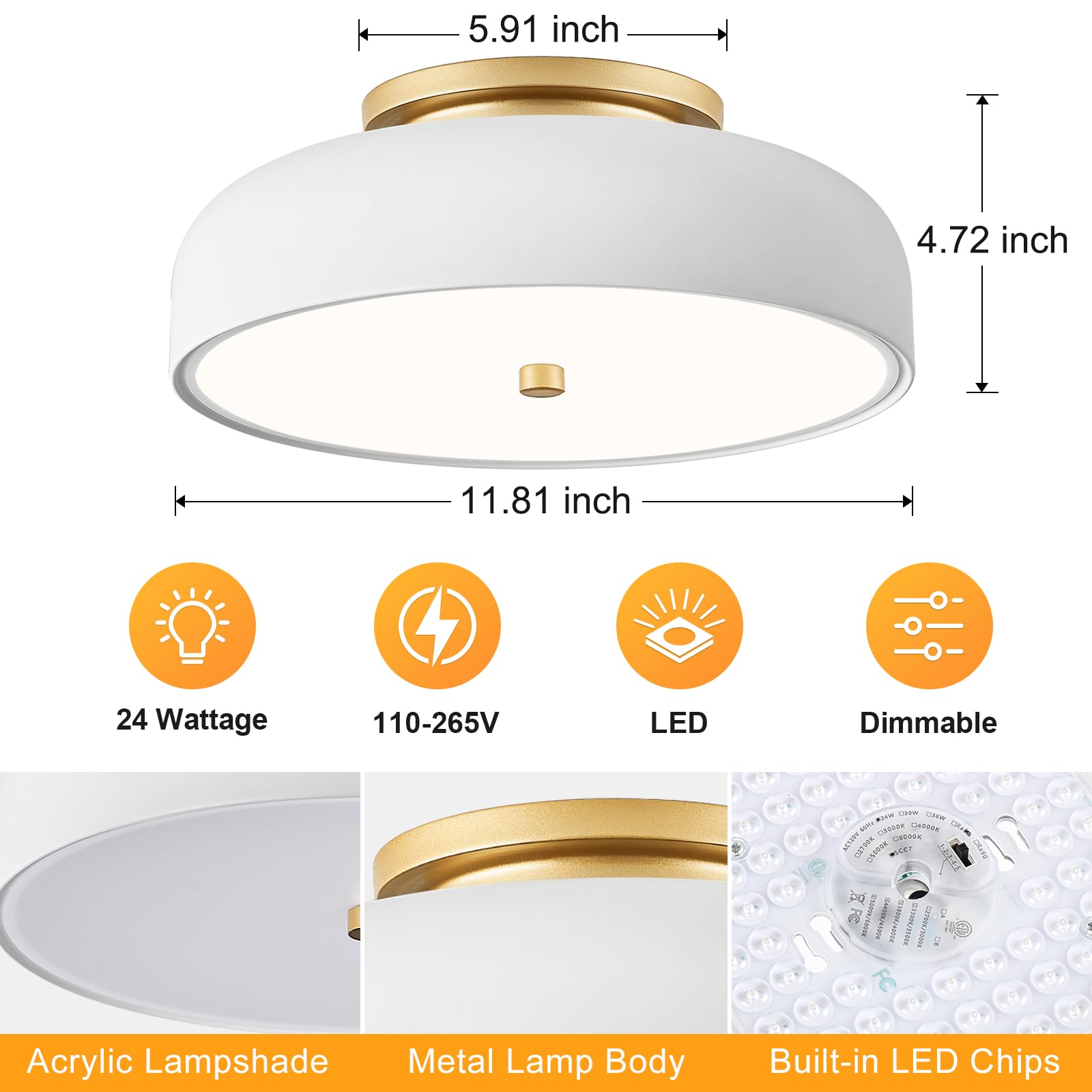 Onesming Dimmable Led Ceiling Light Fixture, 2700K-6000K 5Cct Modern Semi Flush Mount Ceiling Light, White Close To Ceiling Lamp