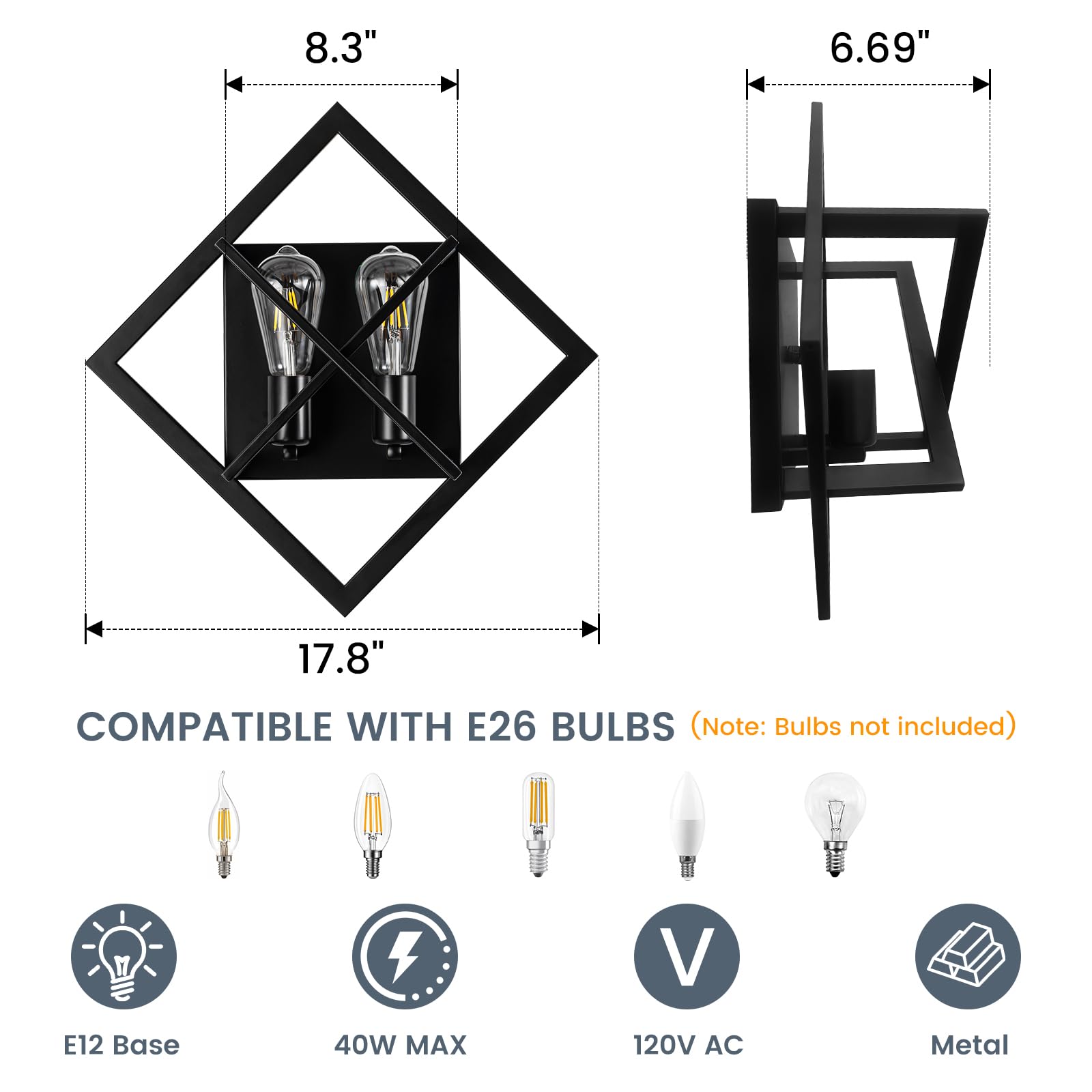 fengkeDU Farmhouse Wall Sconce, 2 Light, Metal, Black Finish, 17.8in, E26 Base, Indoor Lighting Fixture