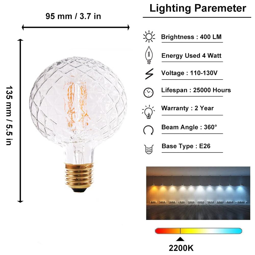 Vintage LED Edison Bulb G95 G30 - 4W Dimmable Filament Globe Light, 2300K Warm White, Clear, 400 Lumen, E26, Pack of