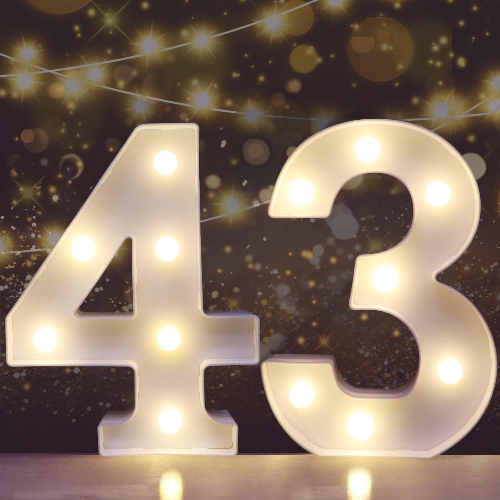 Pooqla Decorative Led Light Up Number Letters, White Plastic Marquee Number Lights Sign for 43th Birthday Party Wedding Decor Battery Operated Number (43)