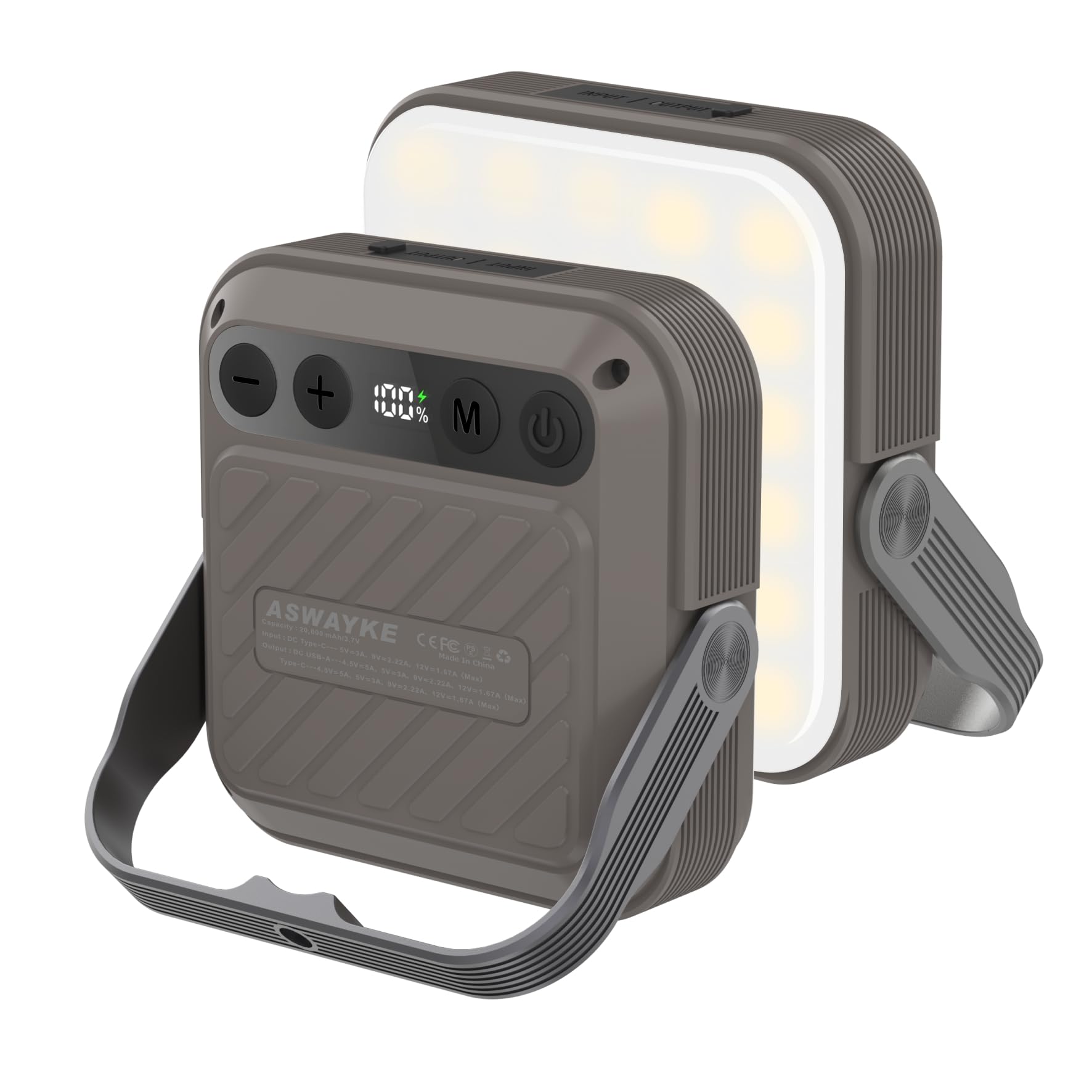 ASWAYKE 20000mAh LED Camping Lantern - 1600LM, QC3.0 22.5W, IPX5 Waterproof, Color Switch, Khaki, Model c35