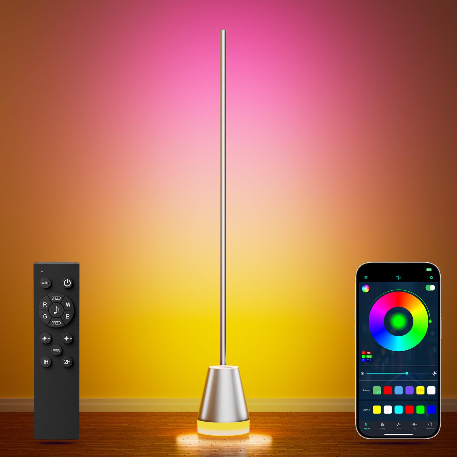 Keepsmile Smart RGB LED Floor Lamp, 59in Silver, Aluminum, Model HX-818, APP & Remote, Music Sync, 16 Million Colors