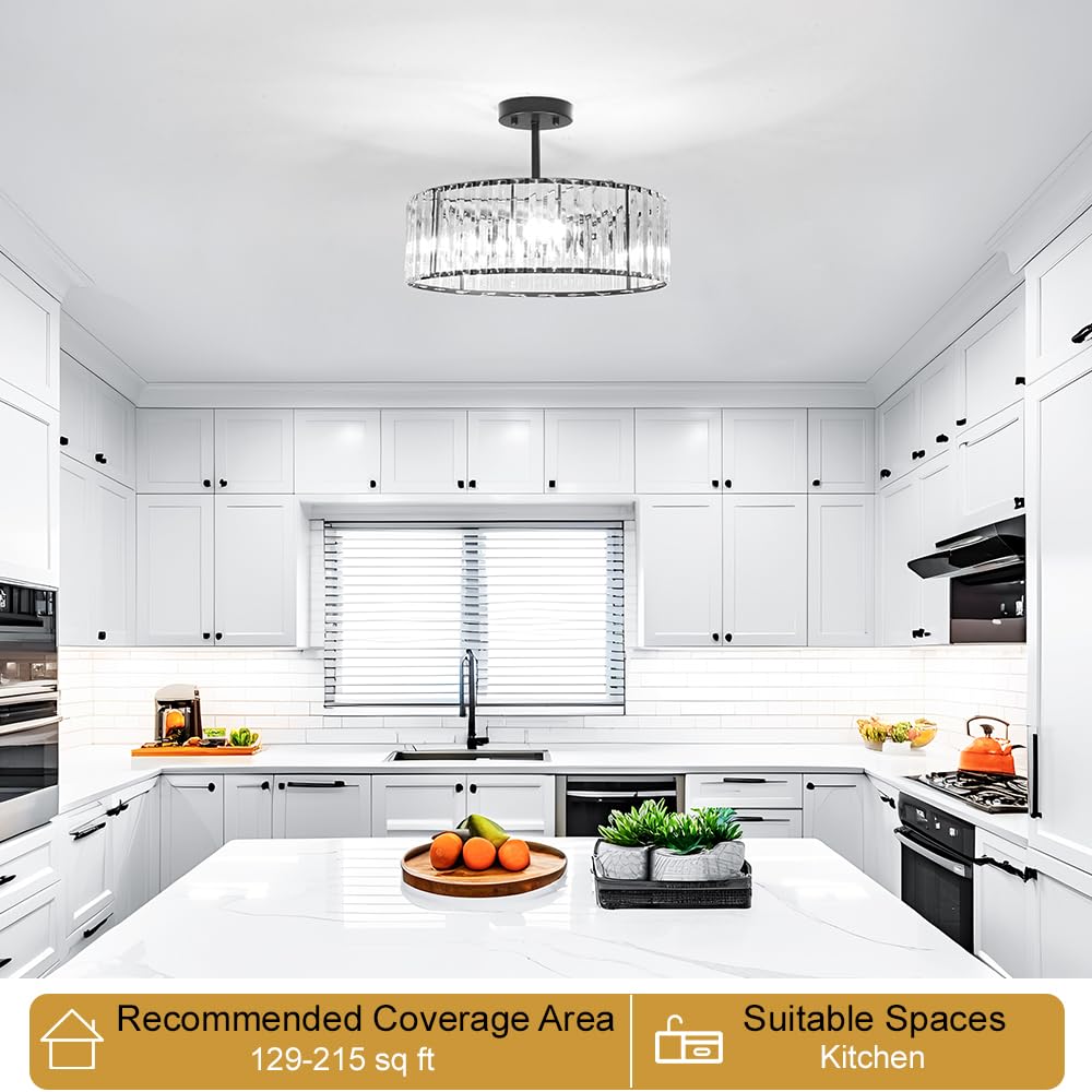 Modern Crystal Ceiling Light Fixture  Semi Flush Mount Ceiling Light  Matte Black Hallway Lighting Fixtures Chandelier  Crystal Chandelier For Kitchen Bedroom Dining Room Closet  5-Light  16 Inch