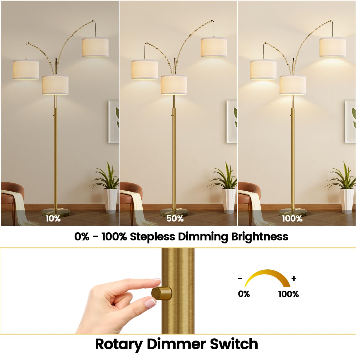 Nintiue Dimmable Floor Lamp - 3 Lights Brass Arc Floor Lamps For Living Room, 1000Lm Modern Tall Standing Lamp With Linen Shades