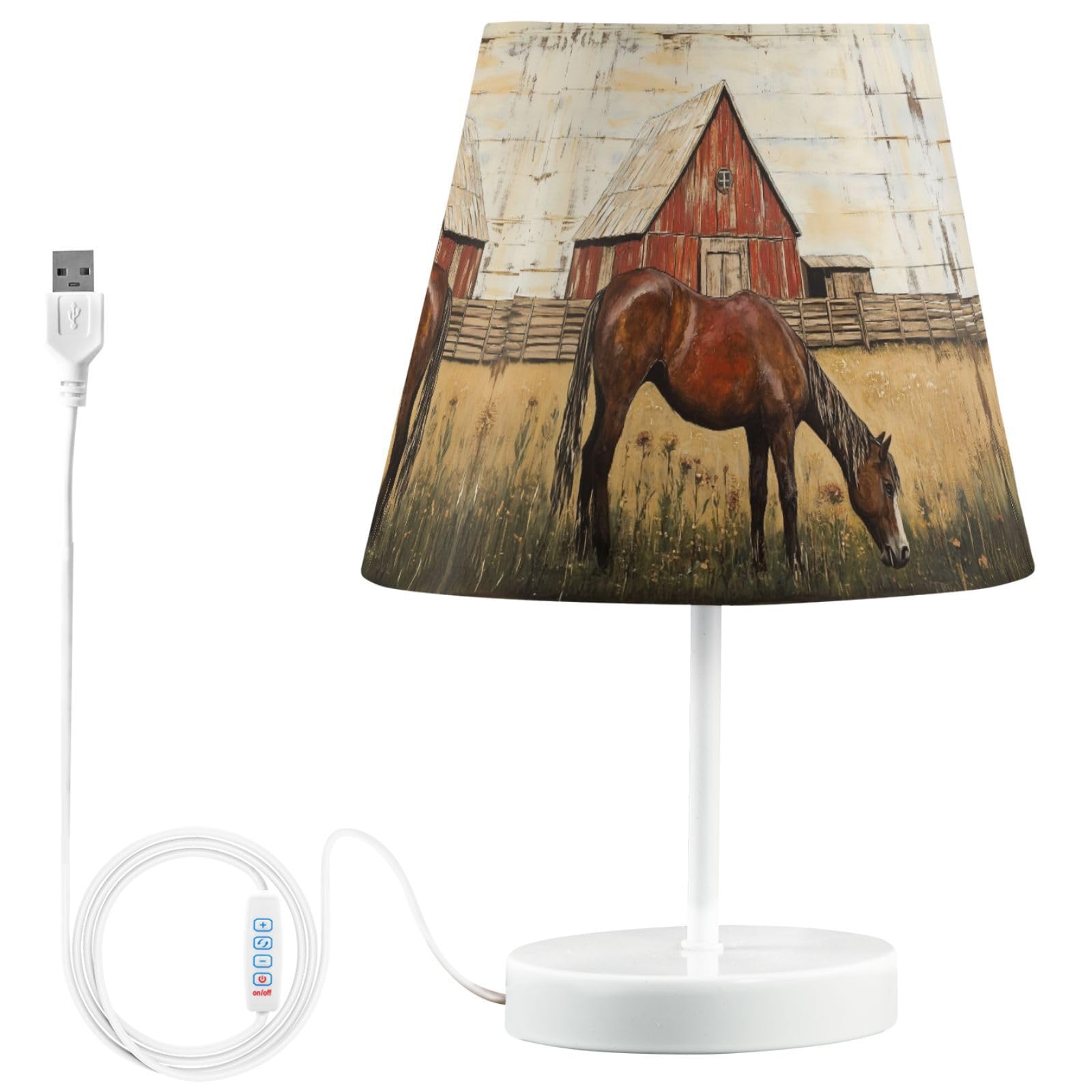Peystean 3-Color Dimmable LED Table Lamp, Old Farm House Pony Horse Painting Linen Shade Large 12 Bedside Nightstand Light with 