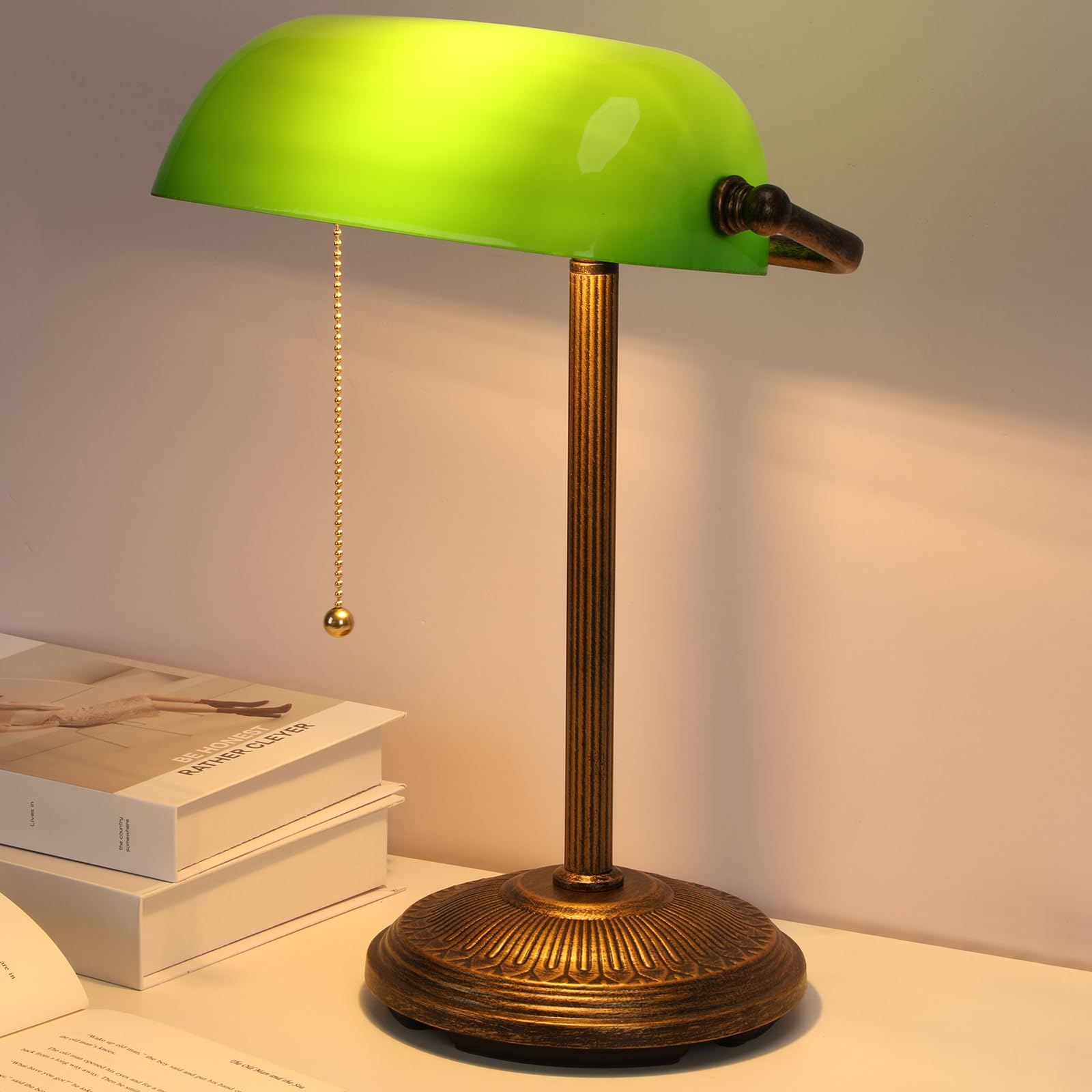 NISSAFORS Bankers Desk Lamp, Vintage Green Glass Shade, Small Retro Gold + Green, Model LB240023, LED Bulb Included