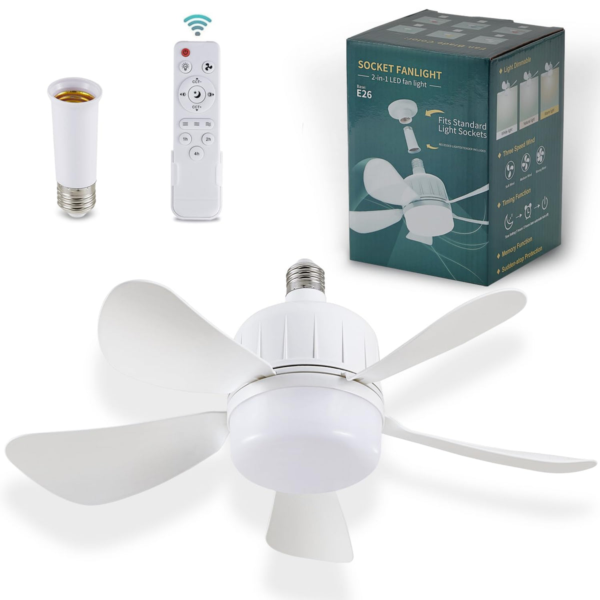 Socket Fan Light With Remote, Dimmable Led Ceiling Fans With Lights, 15'' Screw In Socekt Fans And Socket Extender, 3 Colors 300
