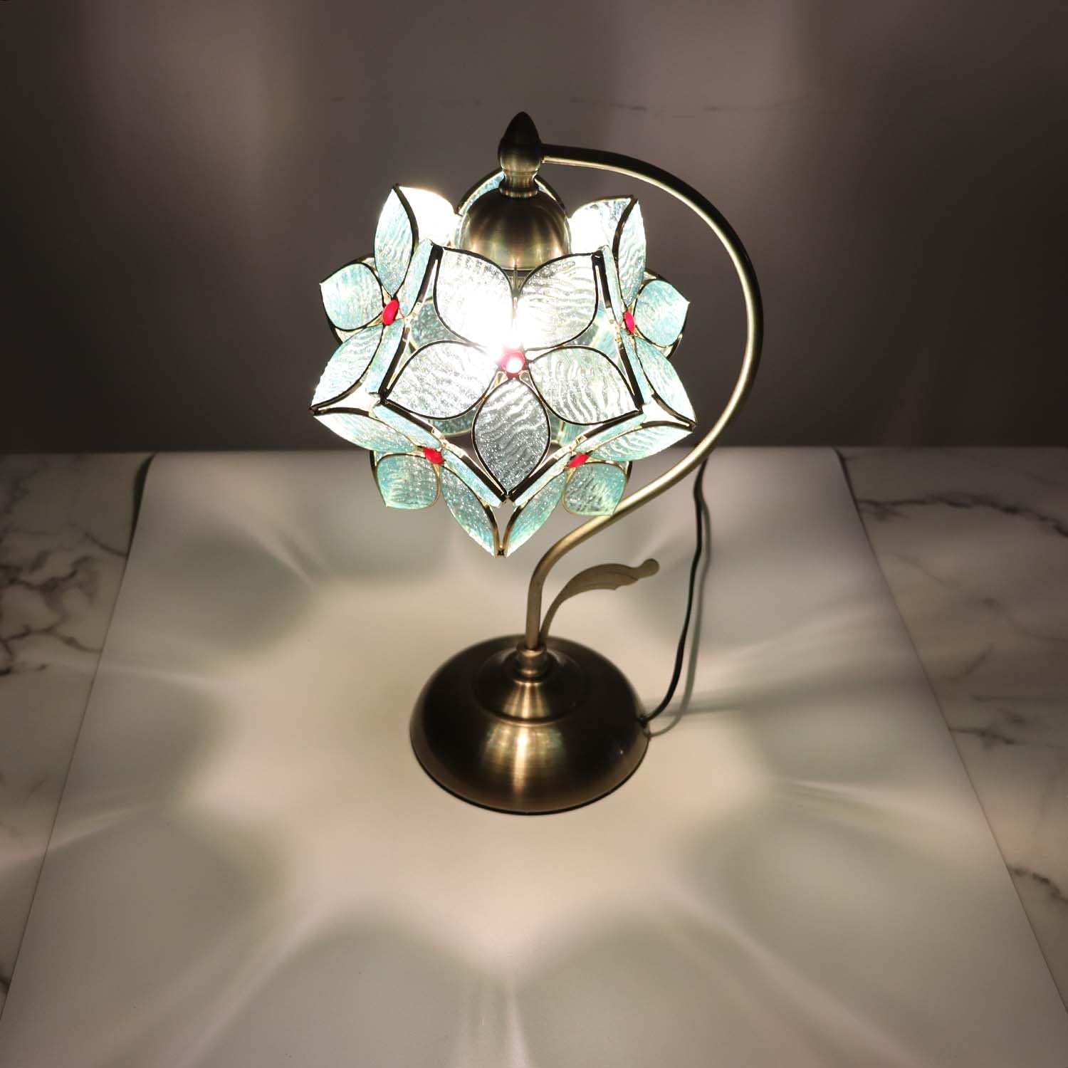 Bieye L10932 Tiffany Style Stained Glass Flower Petal Table Lamp With Brass Base For Home D  Cor (Light Blue, 8'' Apple Blossom)