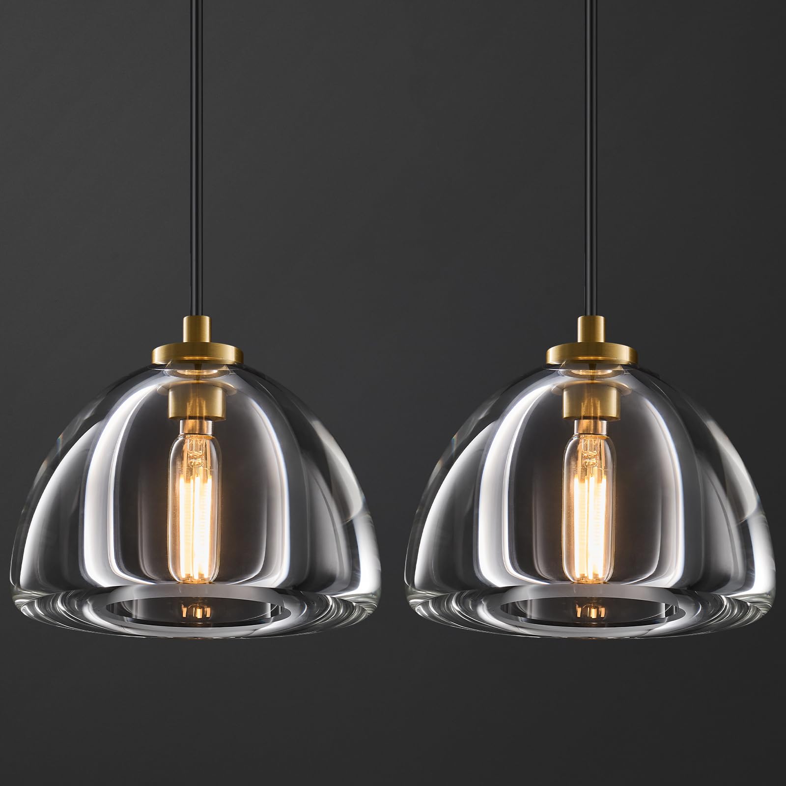 Crystal Pendant Light Kitchen Island: 2 Pack Elegant Brass Hanging Lights - 7 Modern Crystals Hemispher Lighting Fixture over Dining Table - Adjustable Gold Pendants Light for Bathroom Bulbs Included