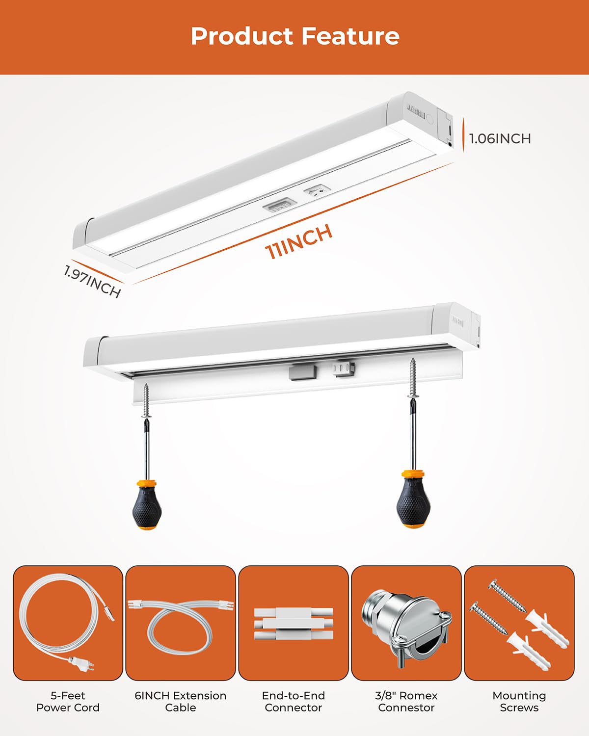 Matane Dimmable LED Under Cabinet Light, 11" White, 3CCT, 6.5W, ETL Listed, Hardwired/Plug-in, Model FOR-31UC