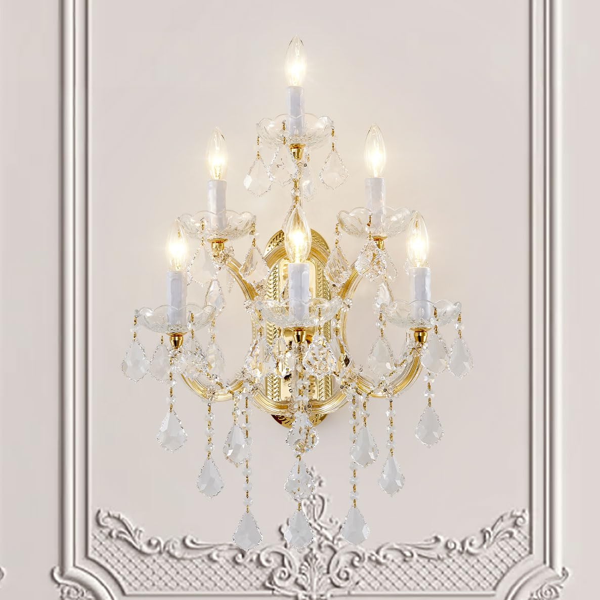 TMAFON Large Crystal Wall Lamp Chandelier - 6 Lights, Gold, Steel/Glass/Crystal, Model TMAZ-10130-06GOW