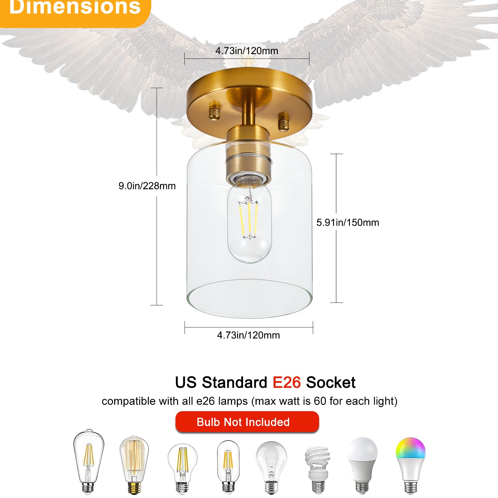 Gold Semi Flush Mount Ceiling Light, 1-Light Hallway Ceiling Lights, Over Sink Lighting Fixtures Kitchen, Brass Hallway Light Fi