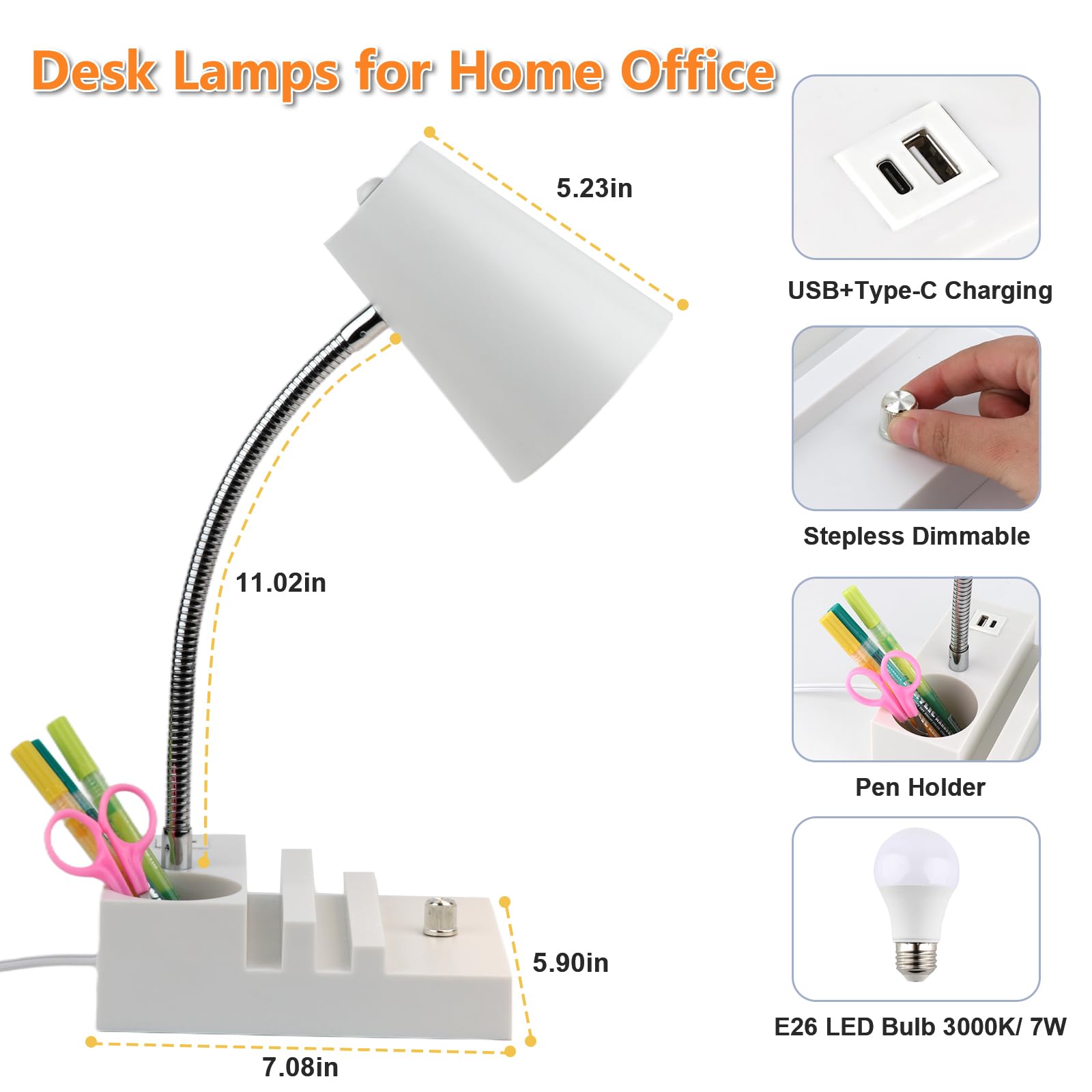LALISU Study Desk Lamp with USB Charging, Gooseneck, LED, Stepless Dimming, Metal, White, Model LALISUSTU078