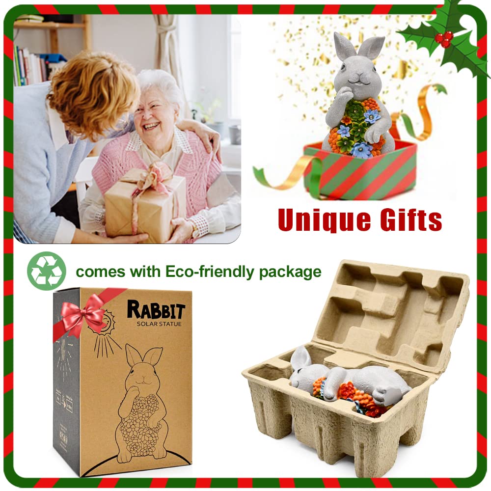 Nacome Solar Garden Bunny Statue With Succulent & Led Lights - Outdoor Lawn Decor, Light Grey