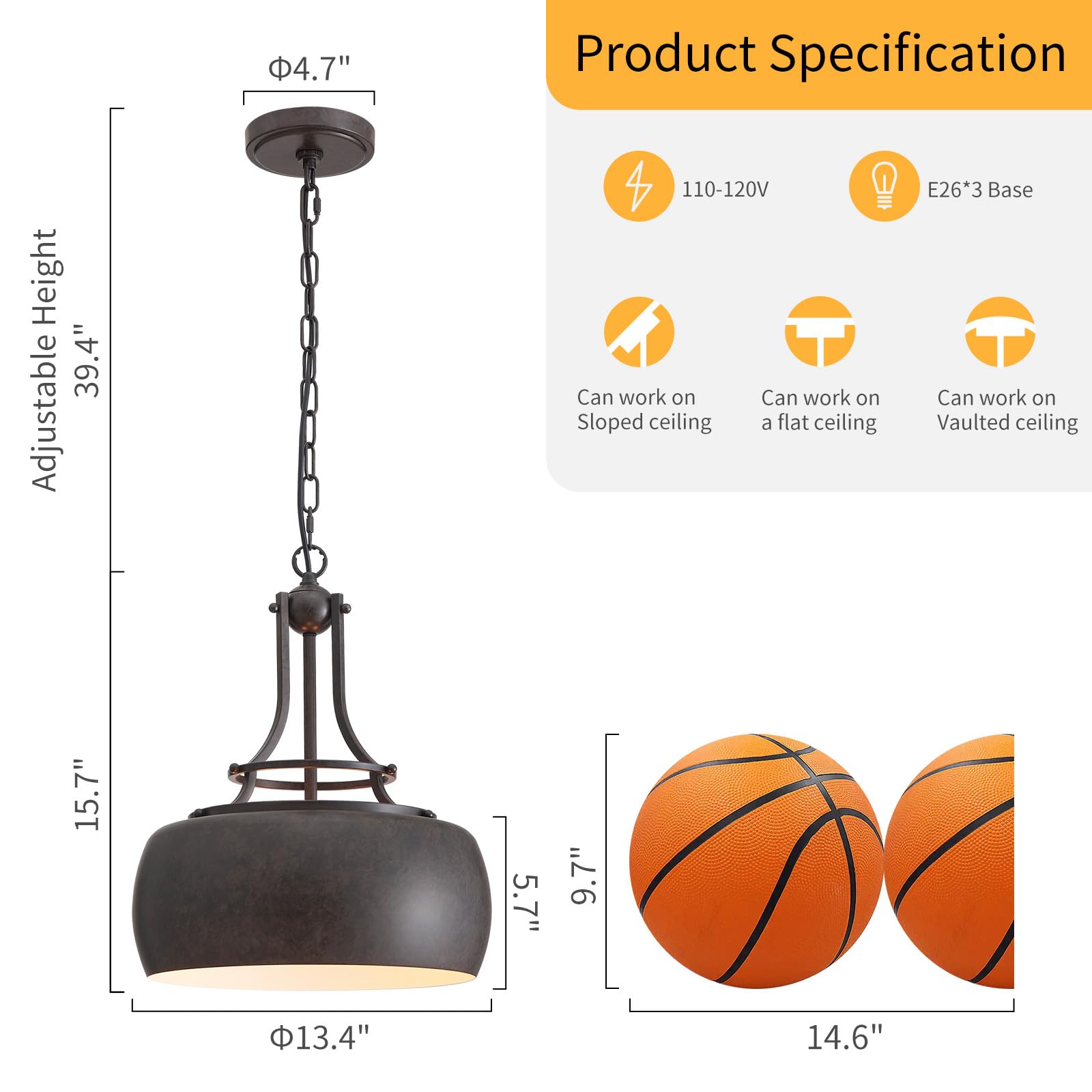 WUZUPS Rustic Farmhouse Industrial Pendant Light Fixture, Metal, 15.7inH x 13.4inW, Distressed Rust, Model USHD9607-3-M-R