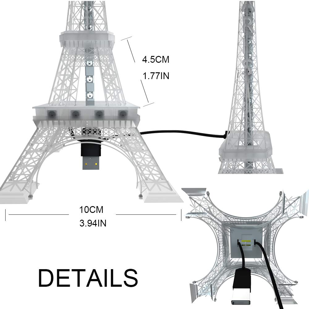 BTF-LIGHTING USB Night Light 48 LED Color Changing Eiffel Tower Mini Lamp 9.8inch Multicolor Model DT01