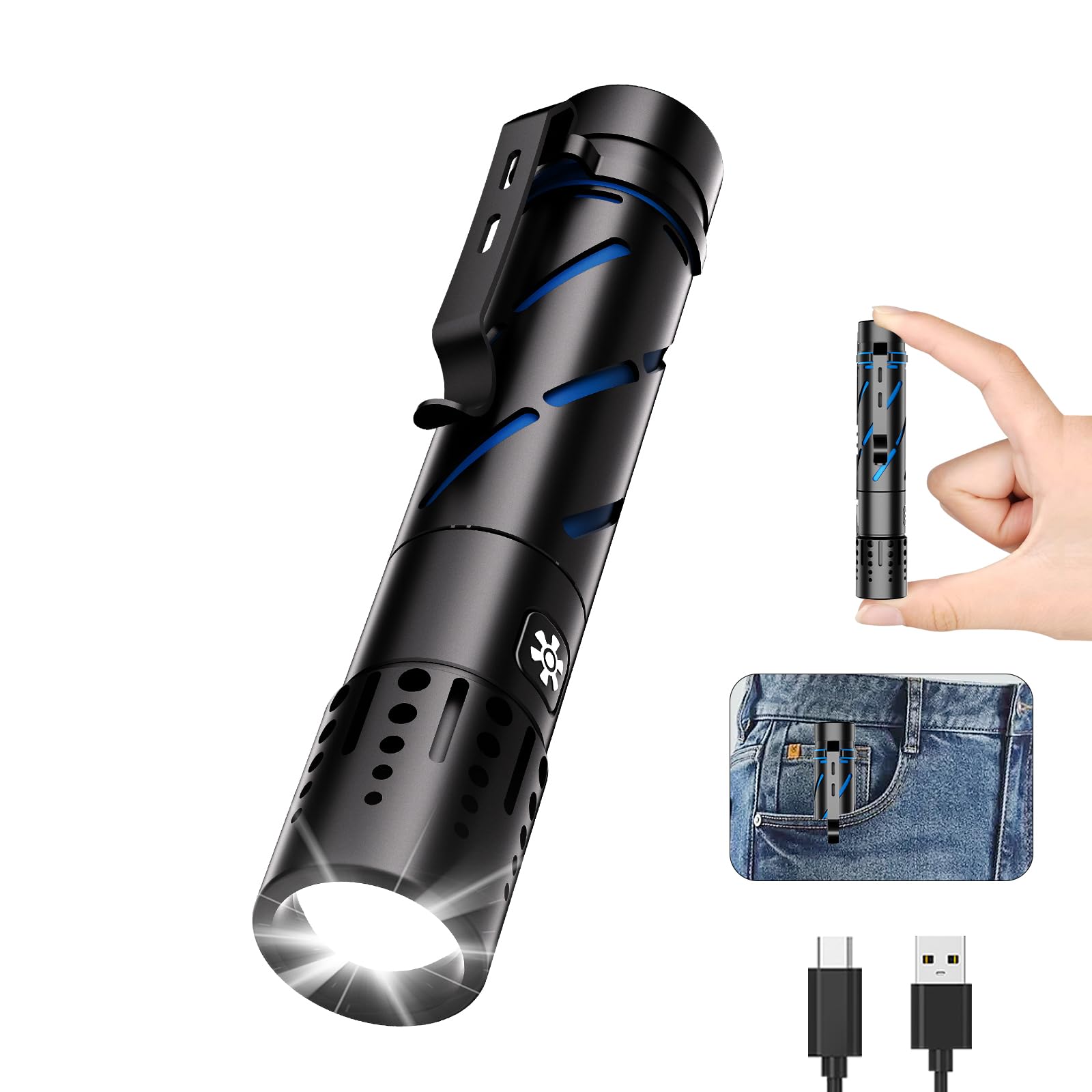 Rechargeable Flashlight with Long Beam and Belt Clip Small Flashlight with 5 Modes Zoomable Waterproof Adjustable Brightness Hig