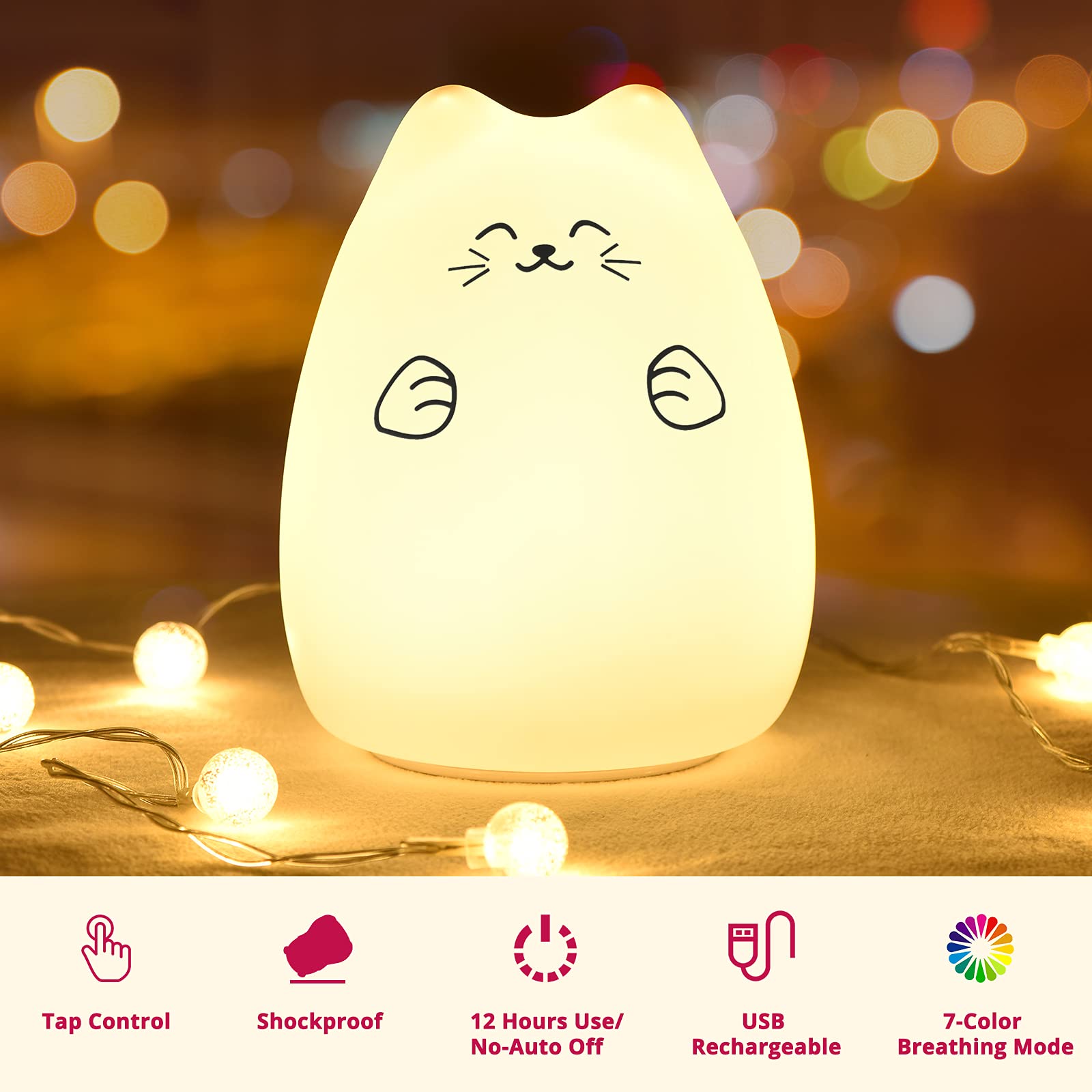 Goline Cute Kawaii Kids Night Lights For Room Decor - Cat Lamp For Kids Bedroom Nursery, Best Christmas Birthday Gifts For Women Wife Teen Girls.