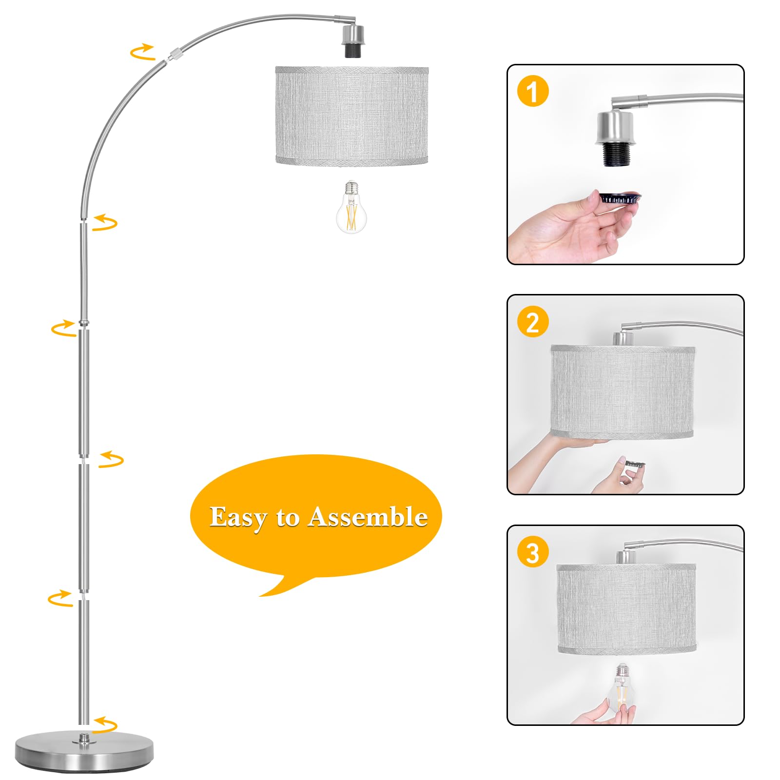 Silver Arc Floor Lamp For Living Room, Modern Standing Lamp With Adjustable Head Tall Pole Lamp With On/Off Pedal Switch Over Co