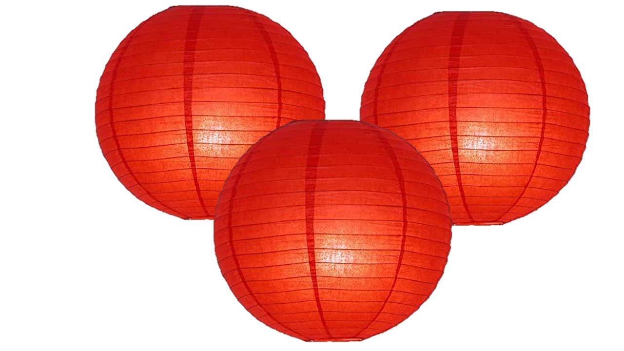 Matissa Pack of 3 Round Paper Lanterns - 12in/30CM - Red - Wedding & Birthday Party Decoration