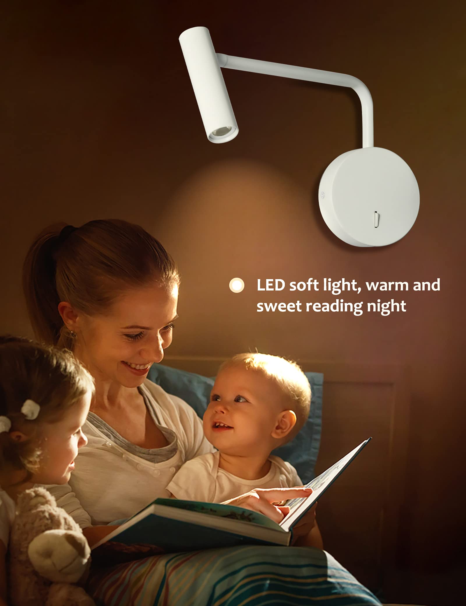 Zerouno Wall Mounted Reading Light For Bedroom Hardwired Sconce With Switch On/Off Modern 3000K Bedside Swing Arm Wall Lamp (White)