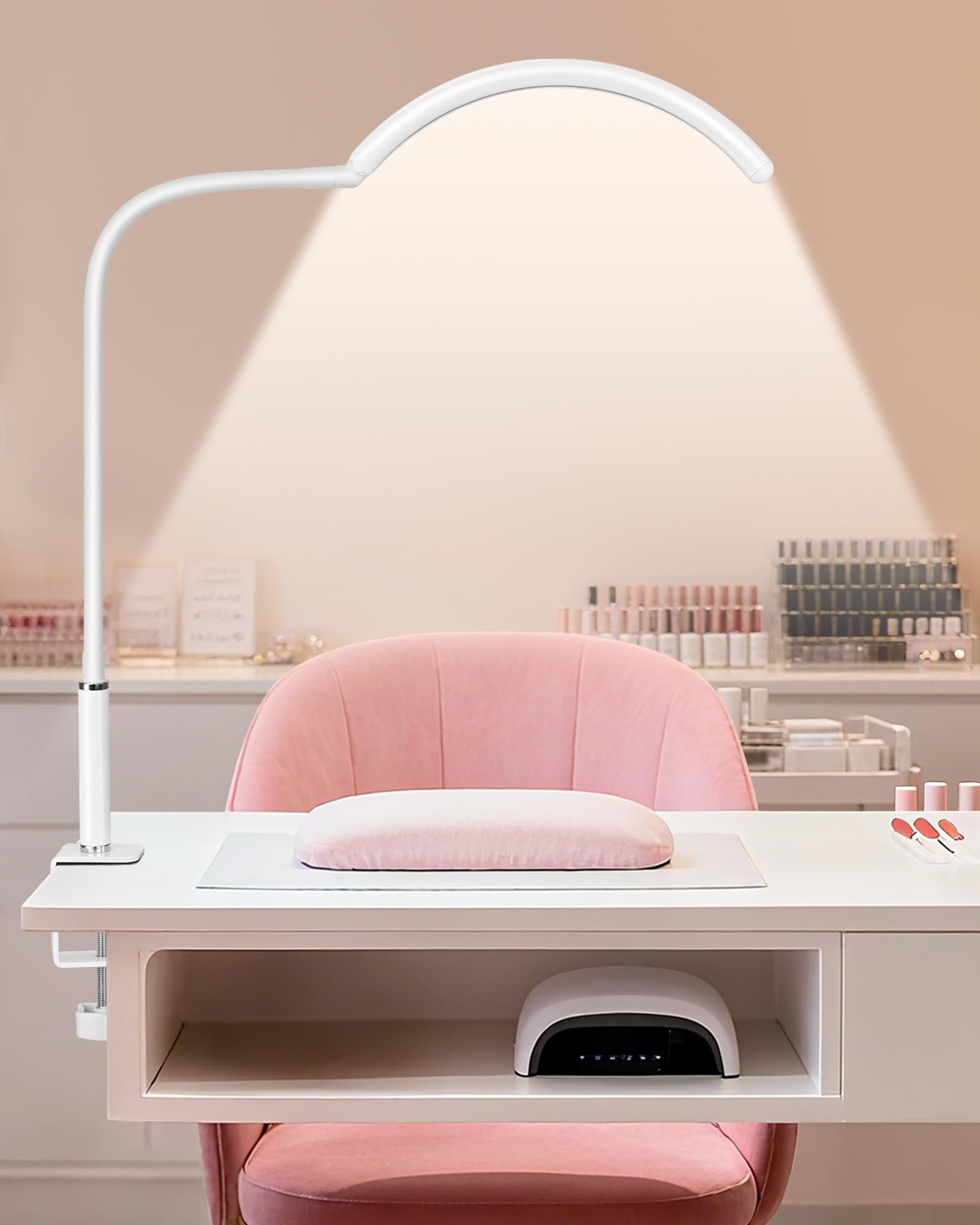 ZEKAHOV Professional Half Moon LED Desk Light for Nail Techs & Artists - Flexible Gooseneck Lamp with Clamp  3 Color Modes & 5 Brightness Levels for ManiHelps Support  Tattoo  Beauty Work (White)