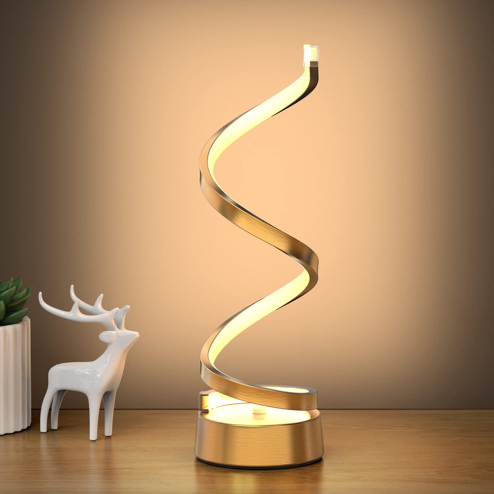 Nuür Gold Infinity Spiral Led Table Lamp, Dimmable Metallic Bedside Lamp With Touch Controller, 3 Colour Temperature, 15.8 Inch Height, Decorative Lamp For Home, Living Room & Office