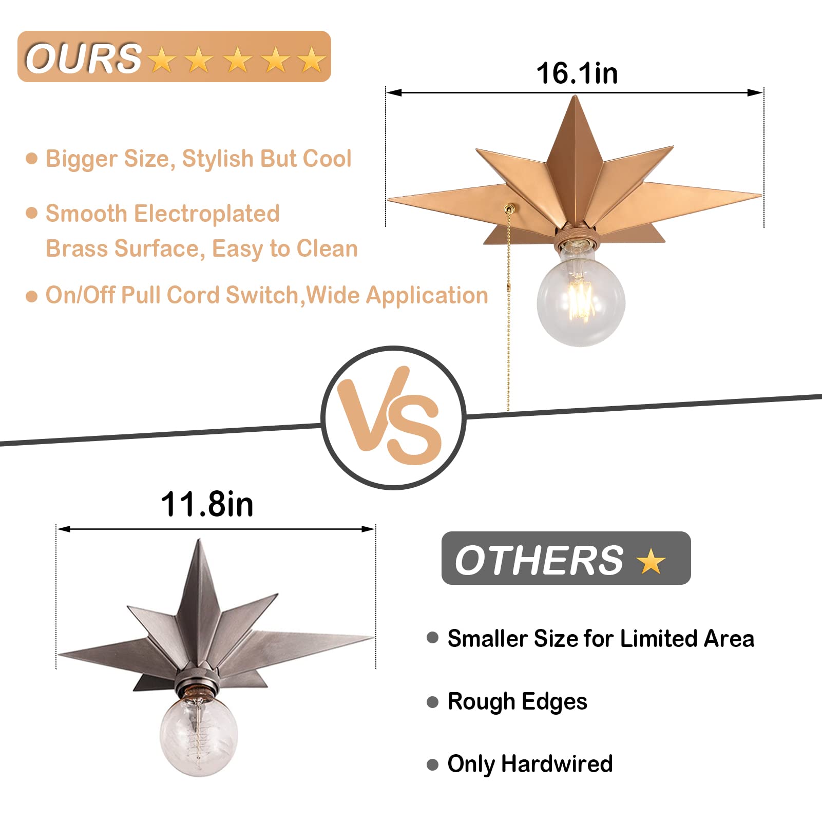 Airposta Flush Mount Ceiling Light Fixture, Brass Star Design, Industrial Metal, Pull Chain, Ideal For Hallway, Entryway, Kitchen, Bathroom