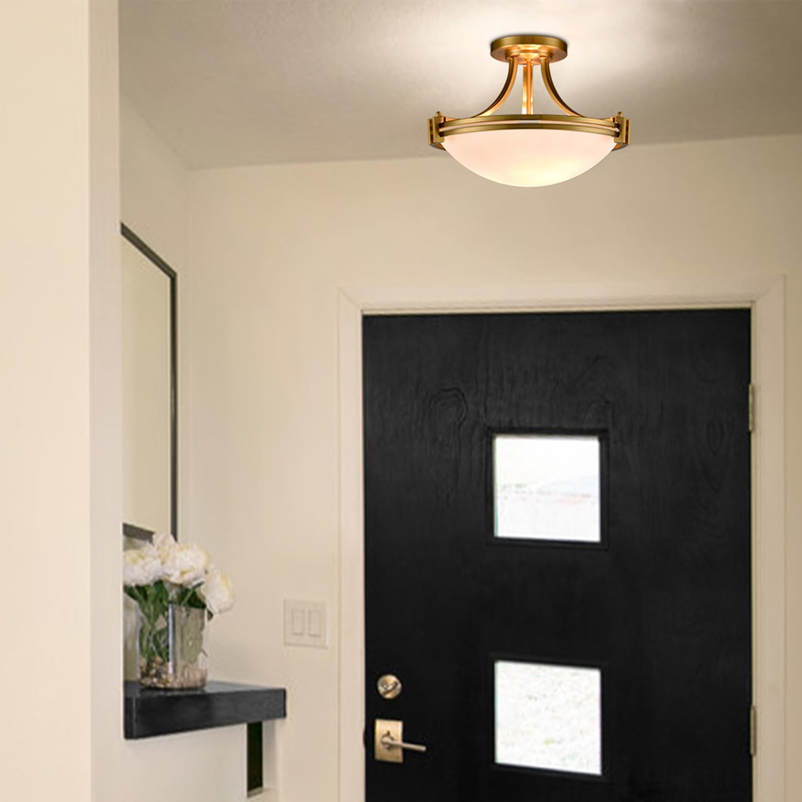 Samteen Modern Brass Semi Flush Mount Ceiling Light 3-Light Mid Century Gold Flush Mount Light Milk Glass Ceiling Light Fixtures