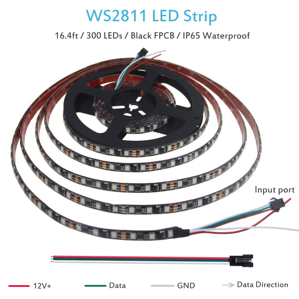 ALITOVE RGB LED Strip Lights 16.4ft 300 LEDs WS2811 IP65 Waterproof Black FPCB