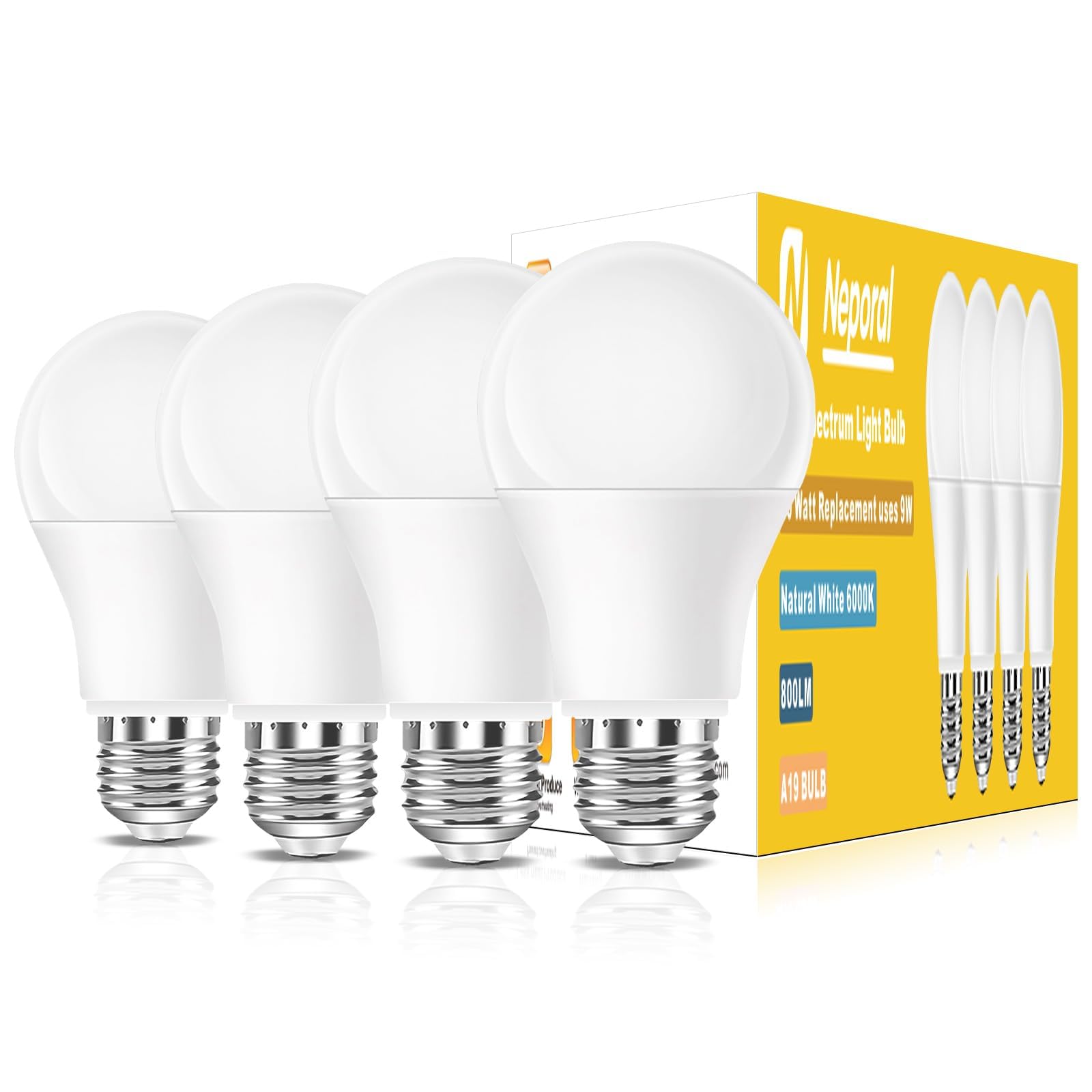 Full Spectrum Light Bulb, 6000K Natural Sunlight Bulbs, 9W 60W Equivalent Led Light Bulb, Natural Light Bulbs A19, E26/E27, 4 Pa