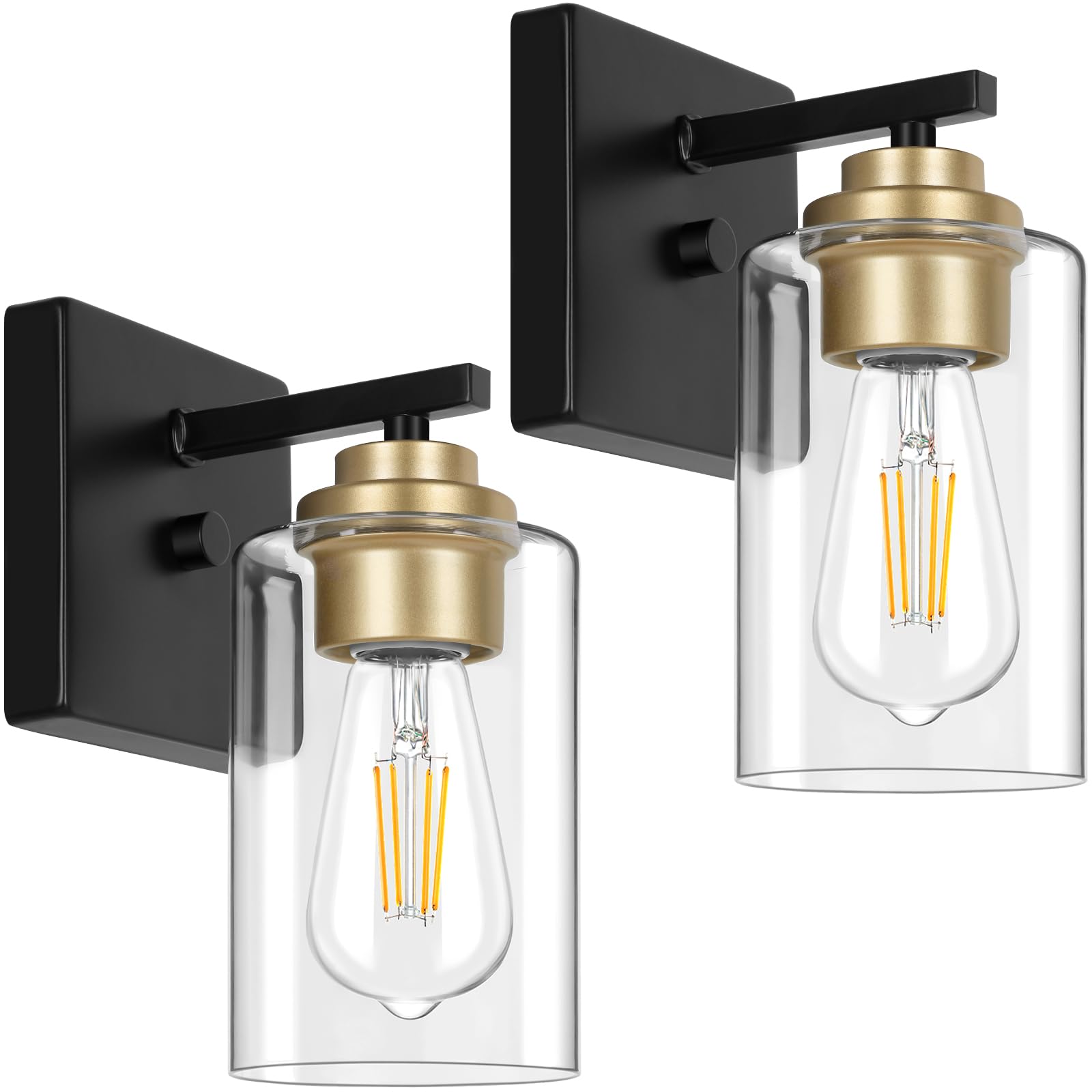 Set Of 2 Wall Sconces For Bathroom, Modern Vanity Light Fixtures, Black And Gold Wall Mount Lighting Lanterns, Farmhouse Wall Li