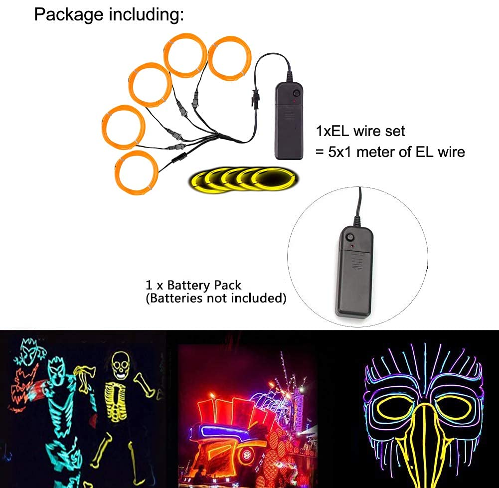 MaxLax EL Wire Yellow, Noise Reduction Neon Wire Light 5 in 1 Meter, Electroluminescent Wire for Halloween Decoration, Christmas