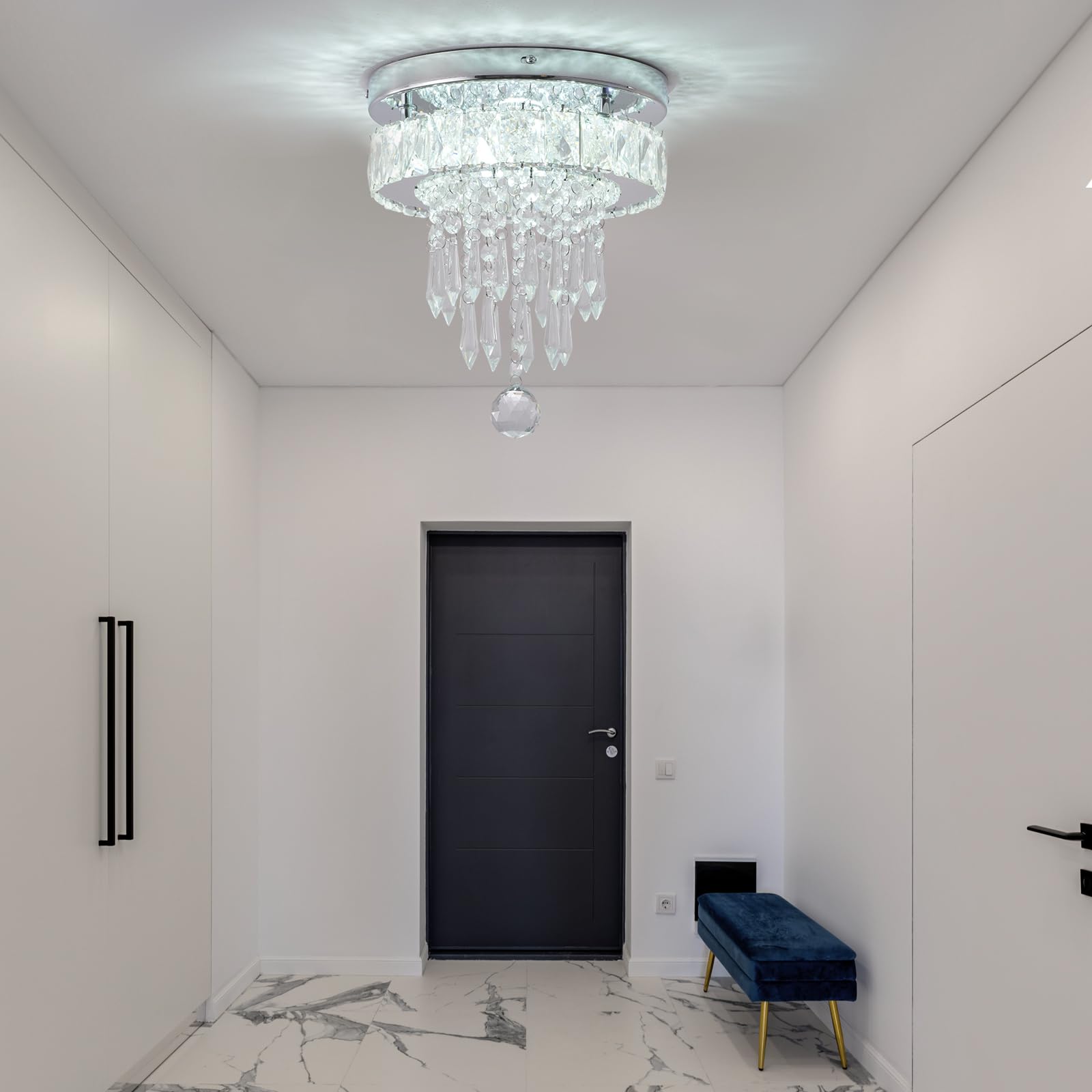 LEONTYNE 9.8" Small Flush Mount LED Crystal Chandelier, K9 Crystals, Steel Frame, 6000K Cool White, Model MC001-Cool