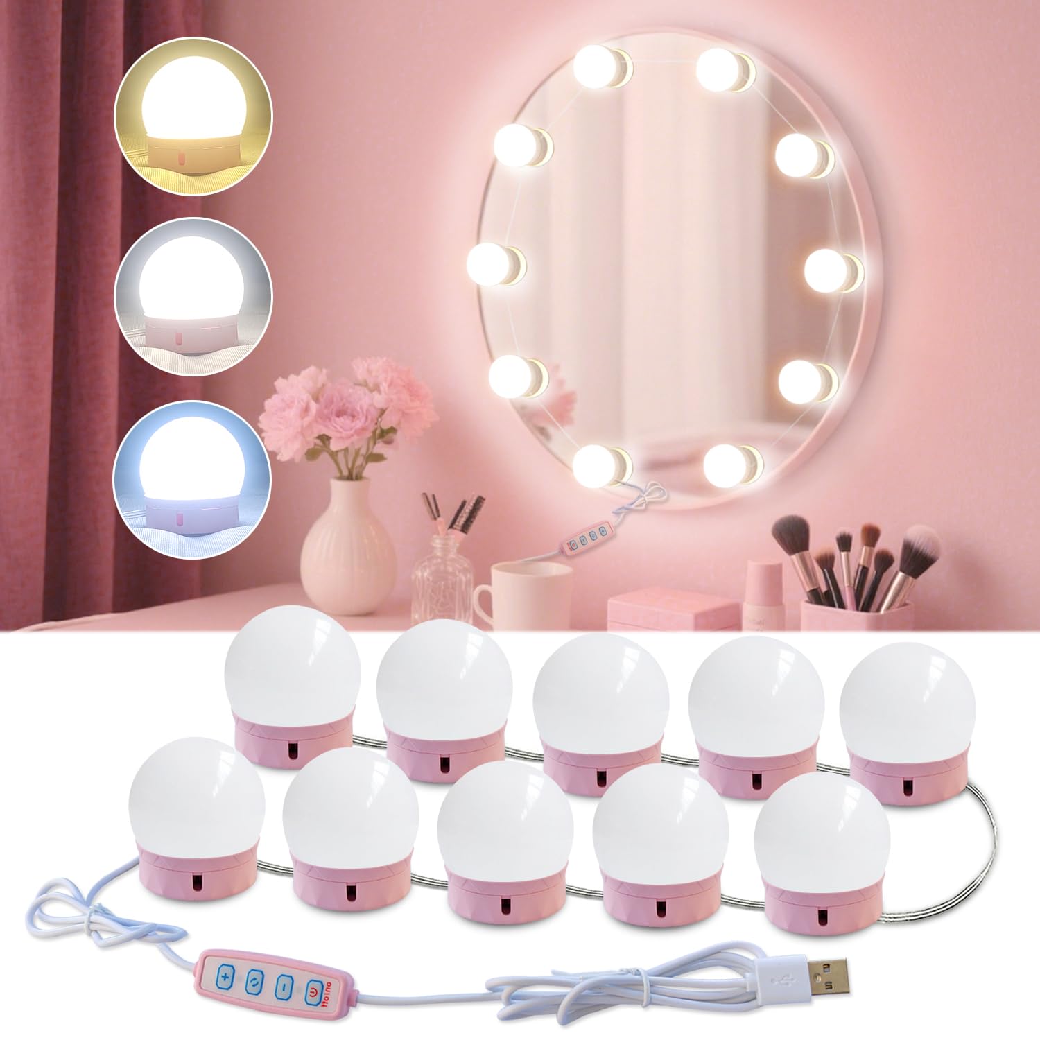 HELOIE Led Vanity Mirror Lights, 10 Dimmable Bulbs, Adjustable Color & Brightness, Pink, Model vl-10p