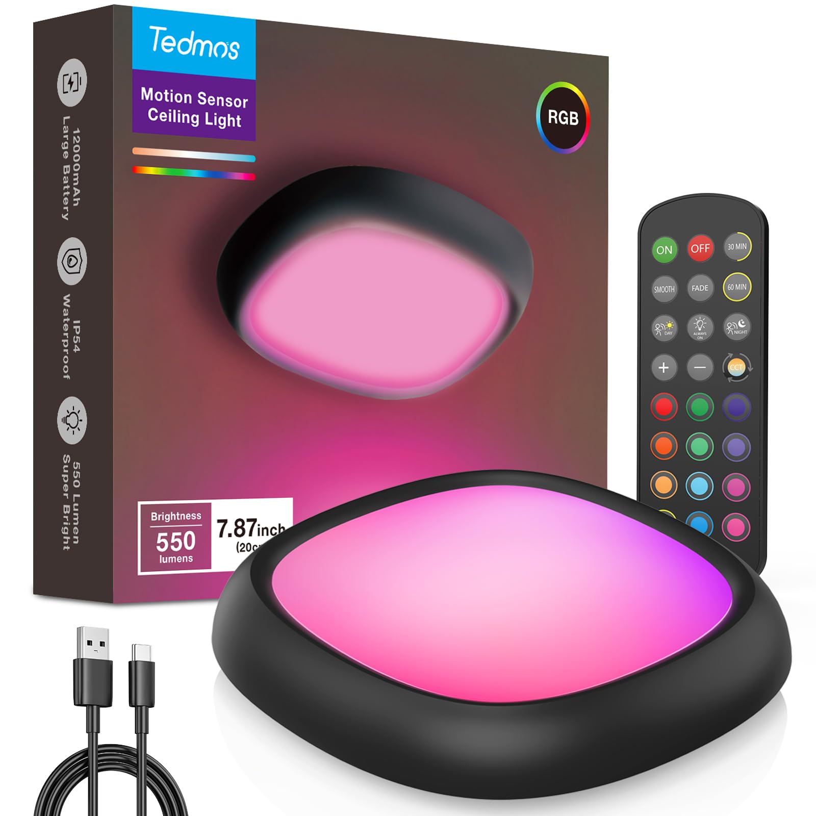 Motion Sensor Rechargeable Ceiling Light With Remote  550Lm 12000Mah Wireless Shower Lights For Inside Shower Battery Operated Rgb Closet Light Sensored Led Overhead Lighting No Wiring For Garage