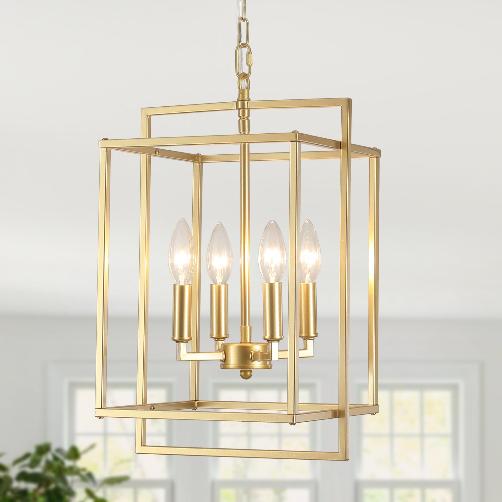 Kostomo Gold Chandelier Dining Room Light Fixture Lantern Chandeliers Iron Farmhouse Pendant Light Rustic Rectangle Adjustable H