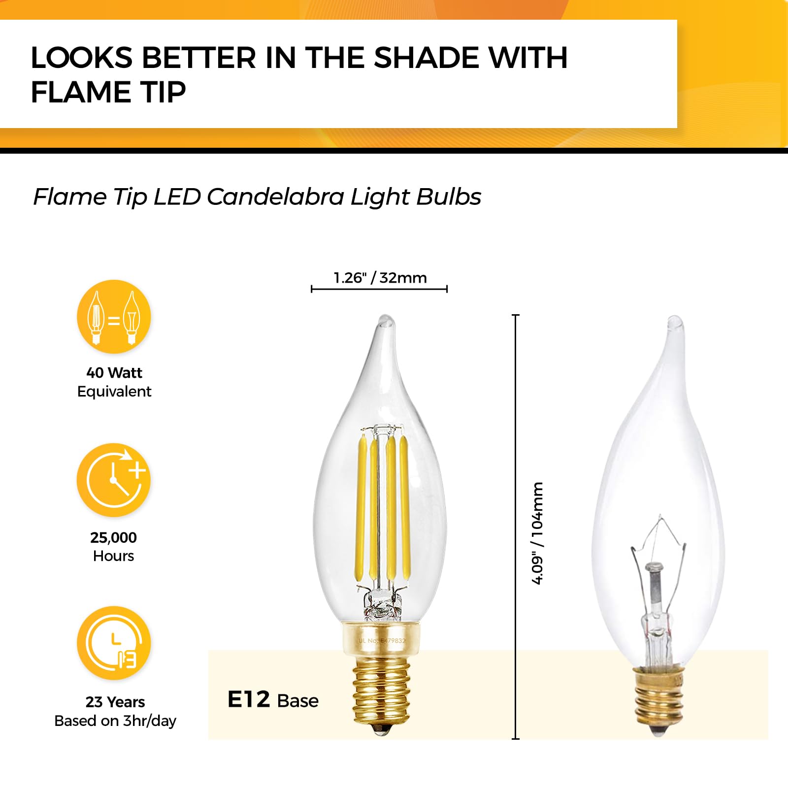 Hizashi Candelabra LED Light Bulbs, E12 40W Dimmable, 450LM, 5000K Daylight White, 12 Pack, Glass, CA10 Flame